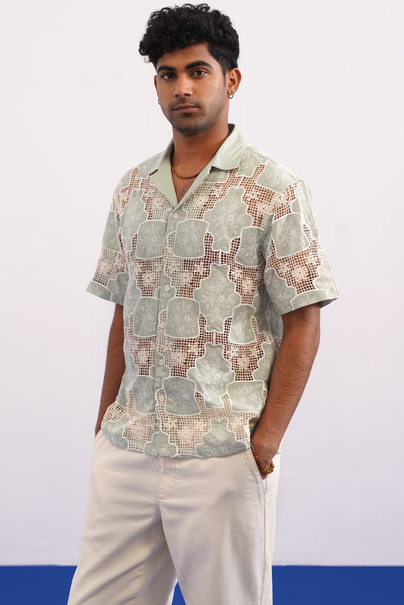 TRELLIS BLOOM COTTON CUTWORK SHIRT - SEA SAGE