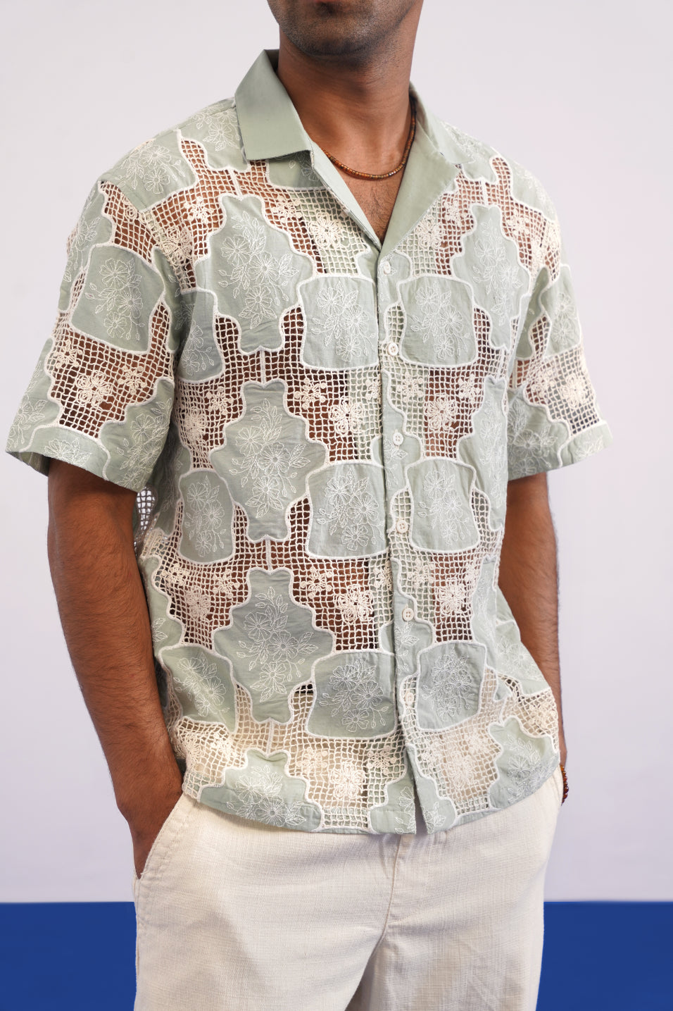 TRELLIS BLOOM COTTON CUTWORK SHIRT - SEA SAGE