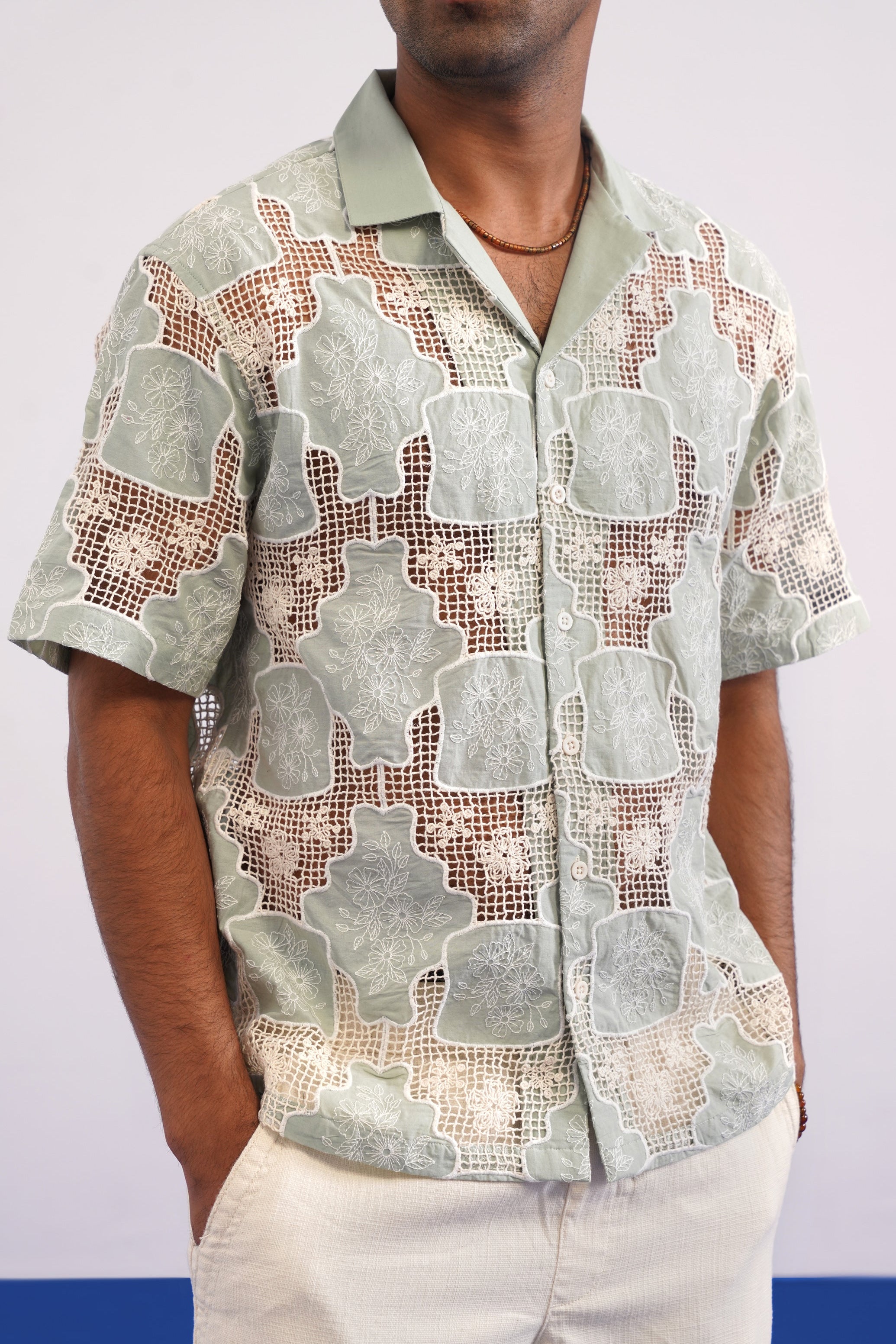TRELLIS BLOOM COTTON CUTWORK SHIRT - SEA SAGE