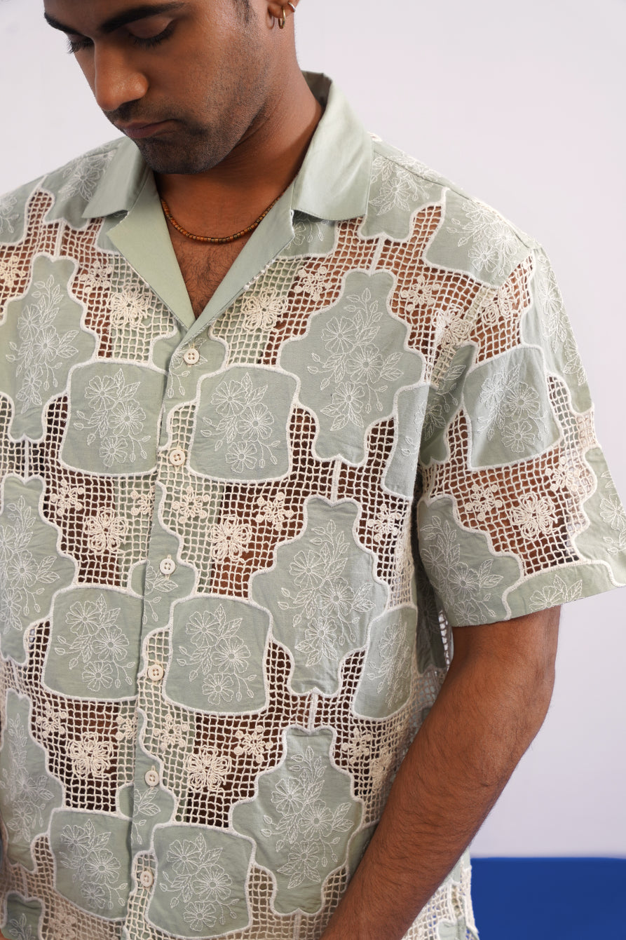 TRELLIS BLOOM COTTON CUTWORK SHIRT - SEA SAGE