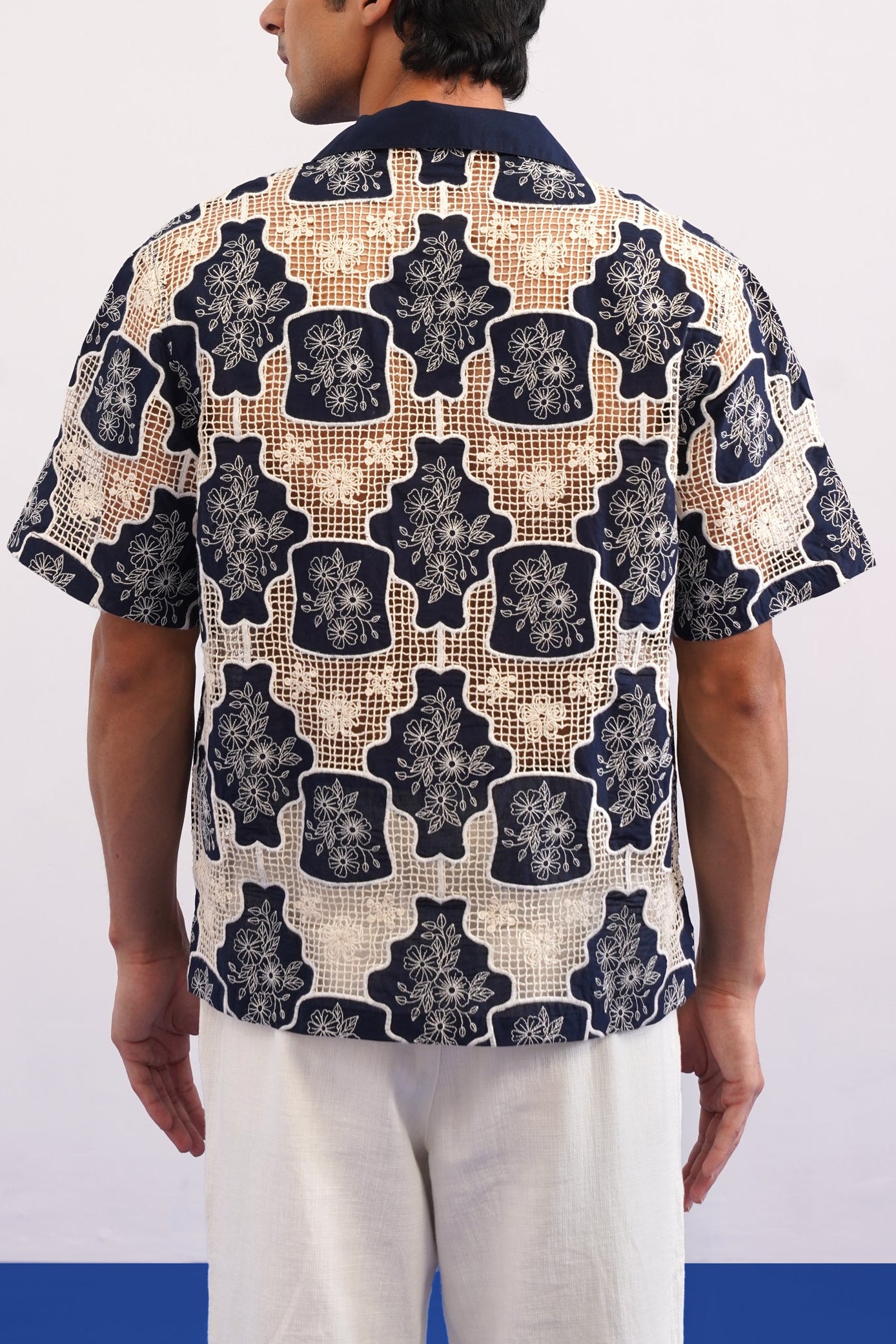 TRELLIS BLOOM COTTON CUTWORK SHIRT - MIDNIGHT NAVY
