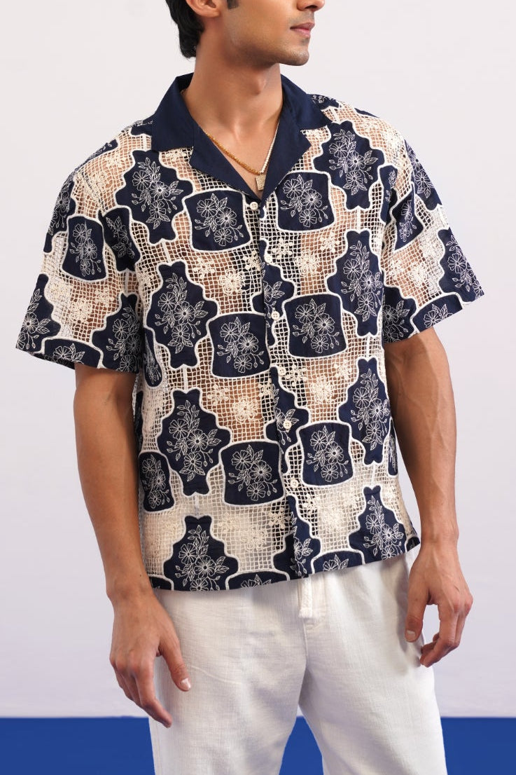 TRELLIS BLOOM COTTON CUTWORK SHIRT - MIDNIGHT NAVY