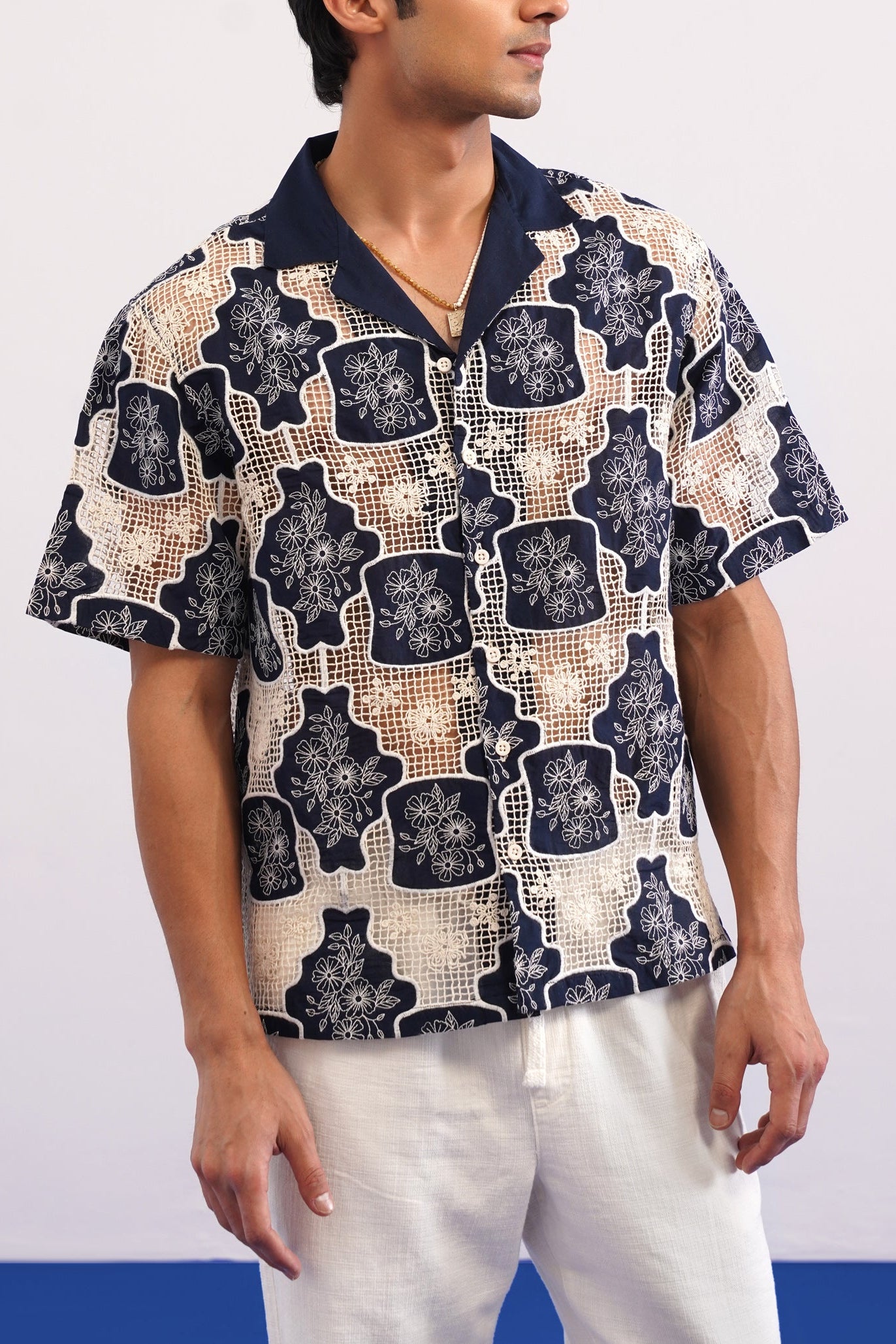 TRELLIS BLOOM COTTON CUTWORK SHIRT - MIDNIGHT NAVY