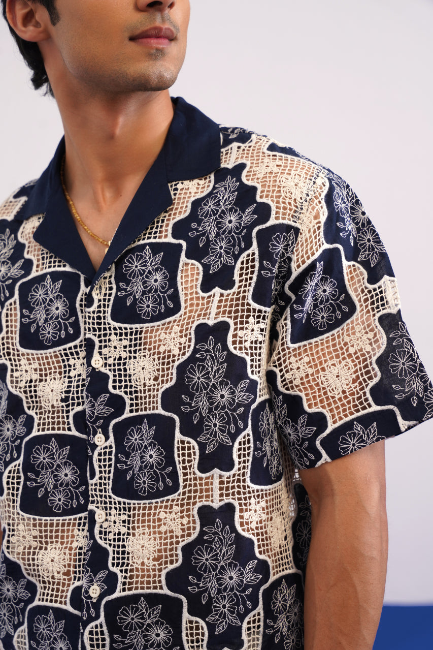 TRELLIS BLOOM COTTON CUTWORK SHIRT - MIDNIGHT NAVY