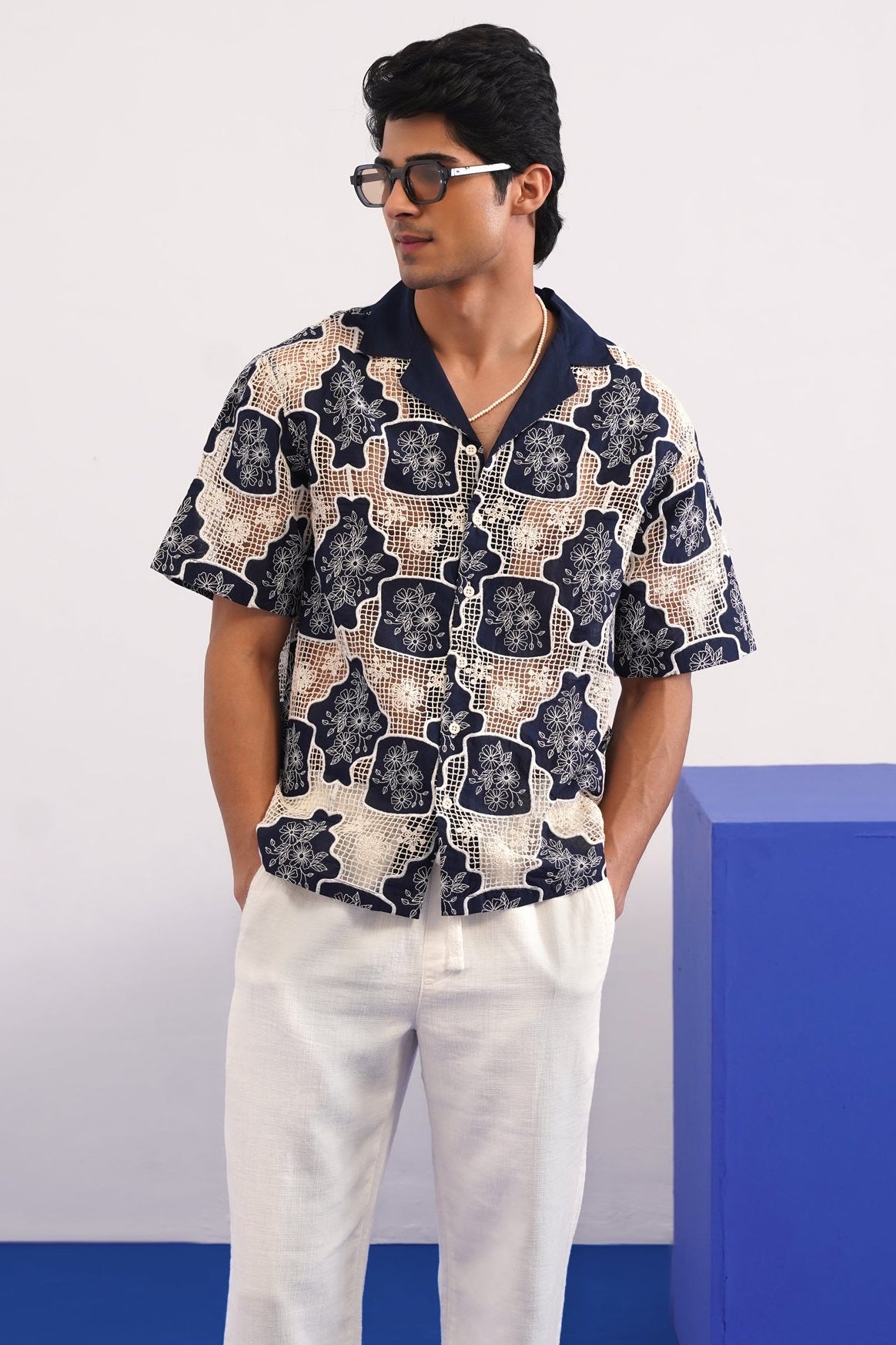 TRELLIS BLOOM COTTON CUTWORK SHIRT - MIDNIGHT NAVY