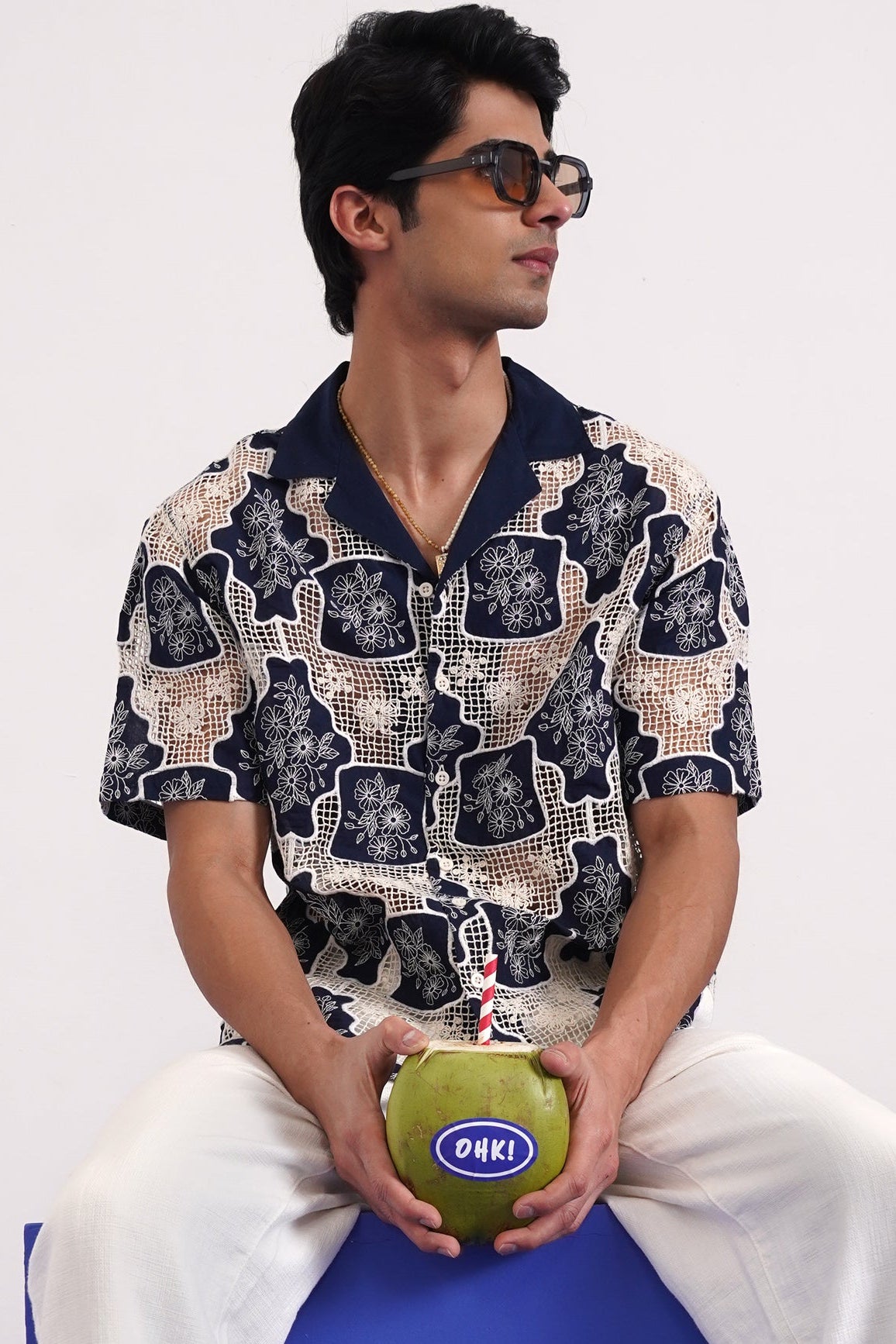 TRELLIS BLOOM COTTON CUTWORK SHIRT - MIDNIGHT NAVY