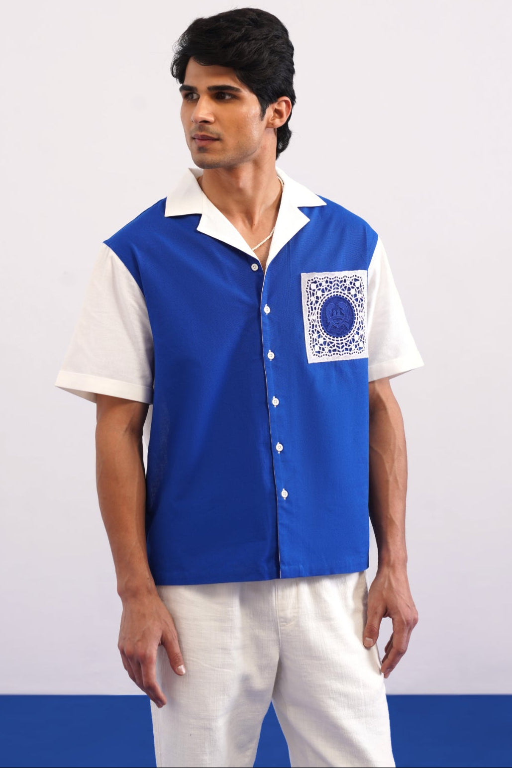 PORTSIDE GUIPURE PATCH SHIRT - SALT/POLYNESIAN BLUE