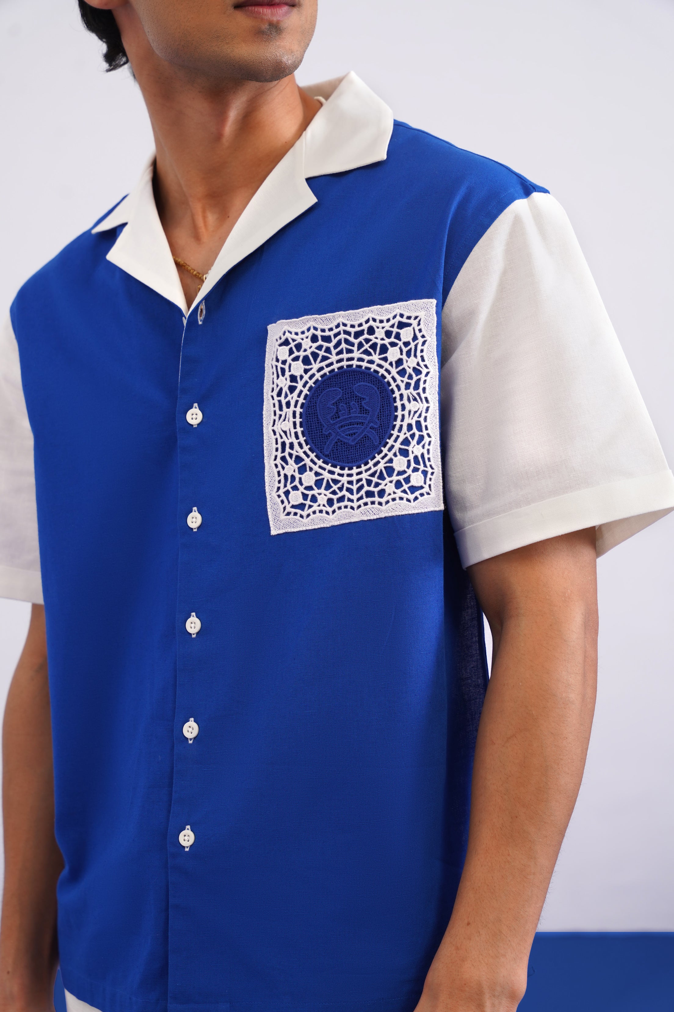 PORTSIDE GUIPURE PATCH SHIRT - POLYNESIAN BLUE/SALT