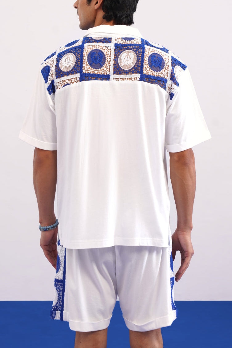 KRAB CREST GUIPURE COTTON KNIT T-SHIRT - COBALT PEARL