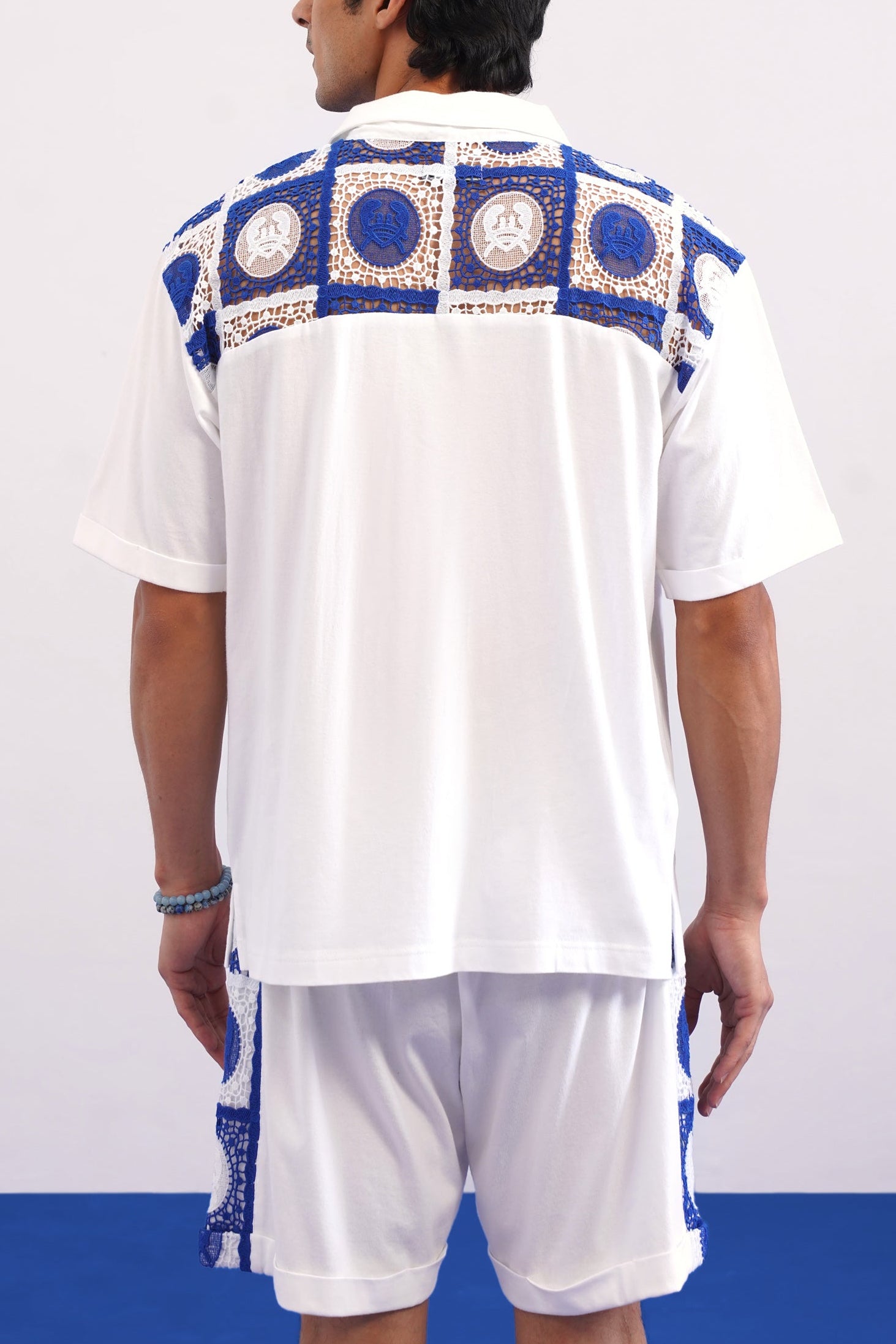 KRAB CREST GUIPURE COTTON KNIT CO-ORD SET - COBALT PEARL