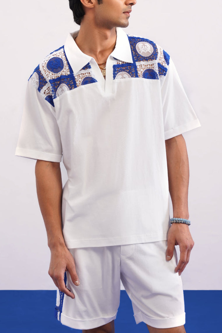 KRAB CREST GUIPURE COTTON KNIT T-SHIRT - COBALT PEARL