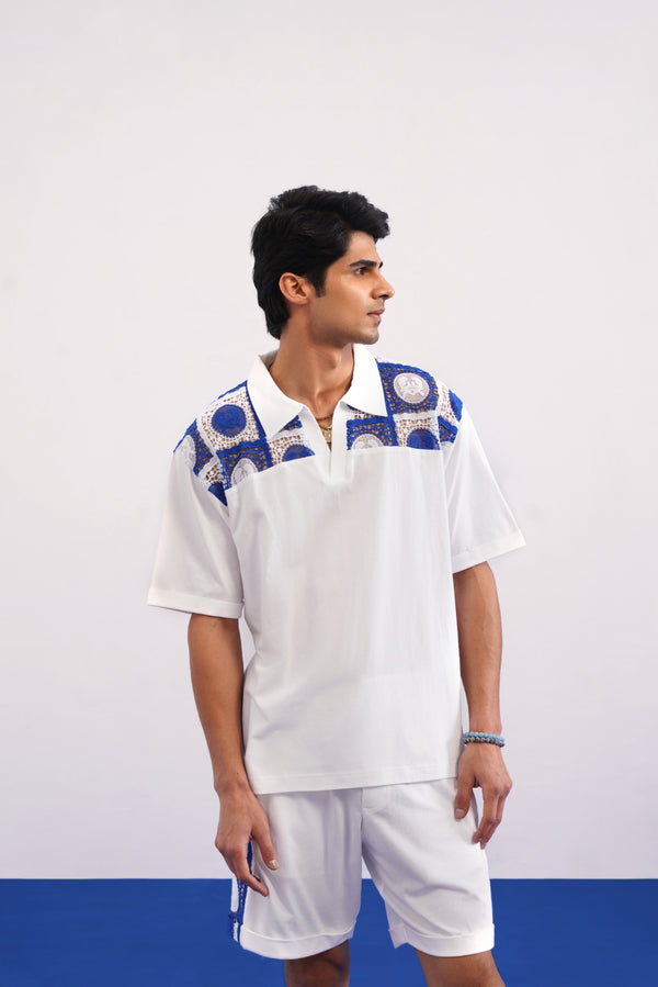 KRAB CREST GUIPURE COTTON KNIT CO-ORD SET - COBALT PEARL