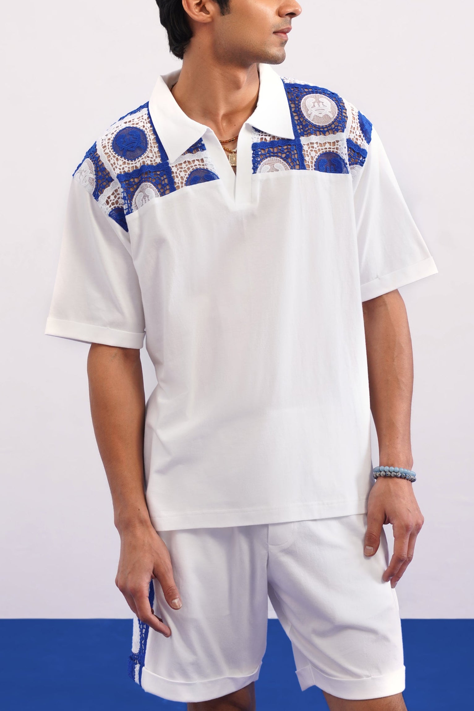 KRAB CREST GUIPURE COTTON KNIT CO-ORD SET - COBALT PEARL