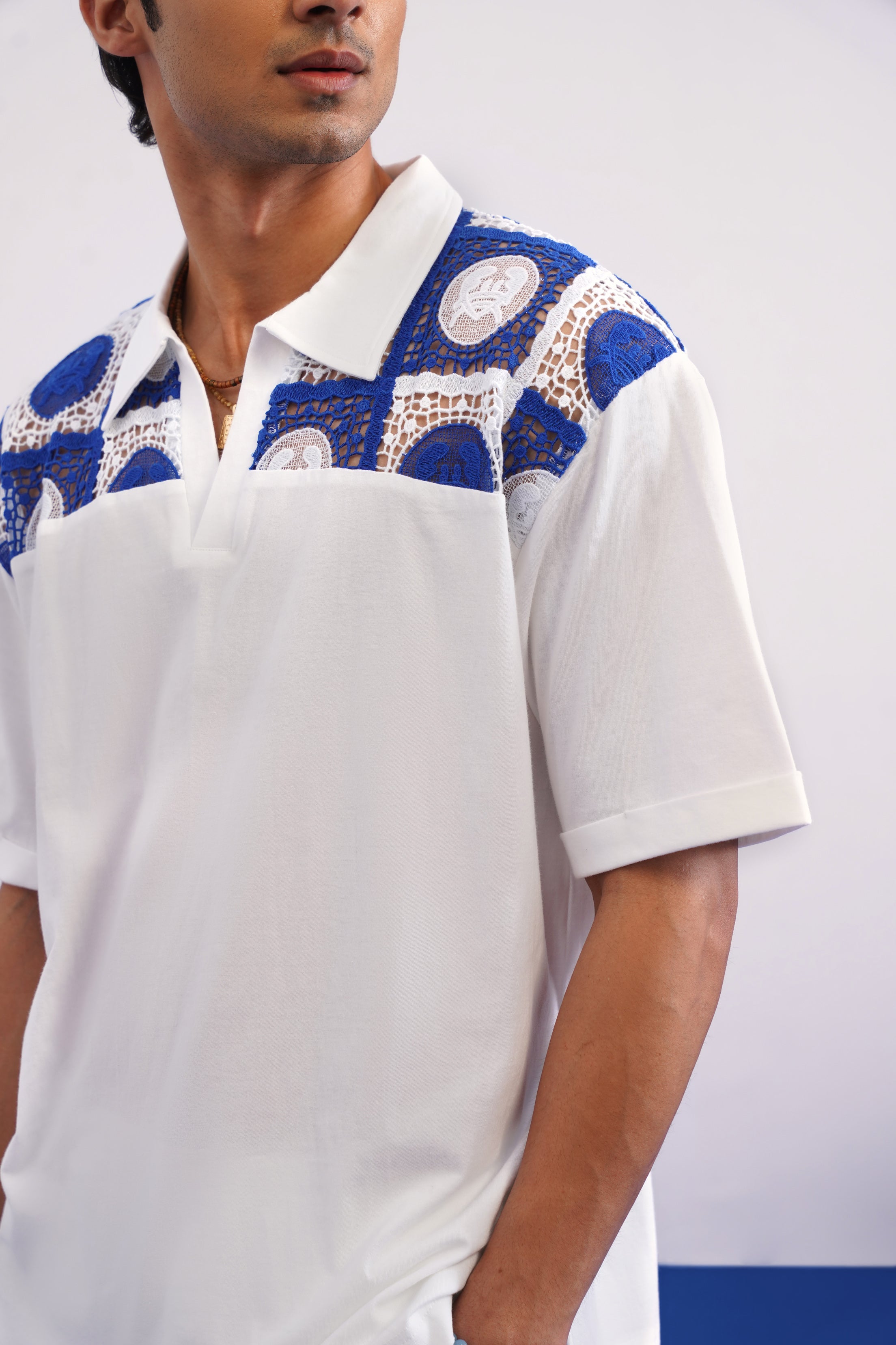 KRAB CREST GUIPURE COTTON KNIT CO-ORD SET - COBALT PEARL