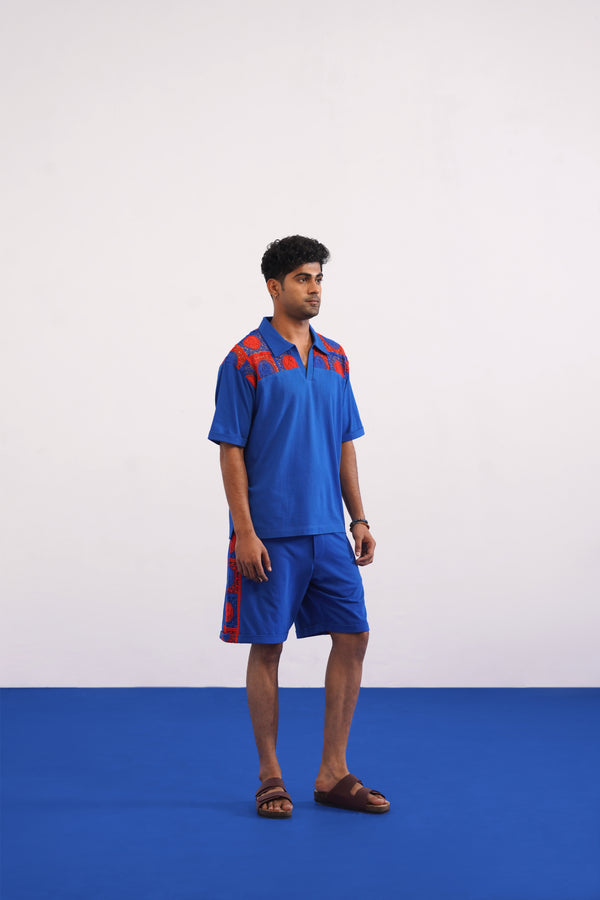 KRAB CREST GUIPURE COTTON KNIT CO-ORD SET - COBALT EMBER