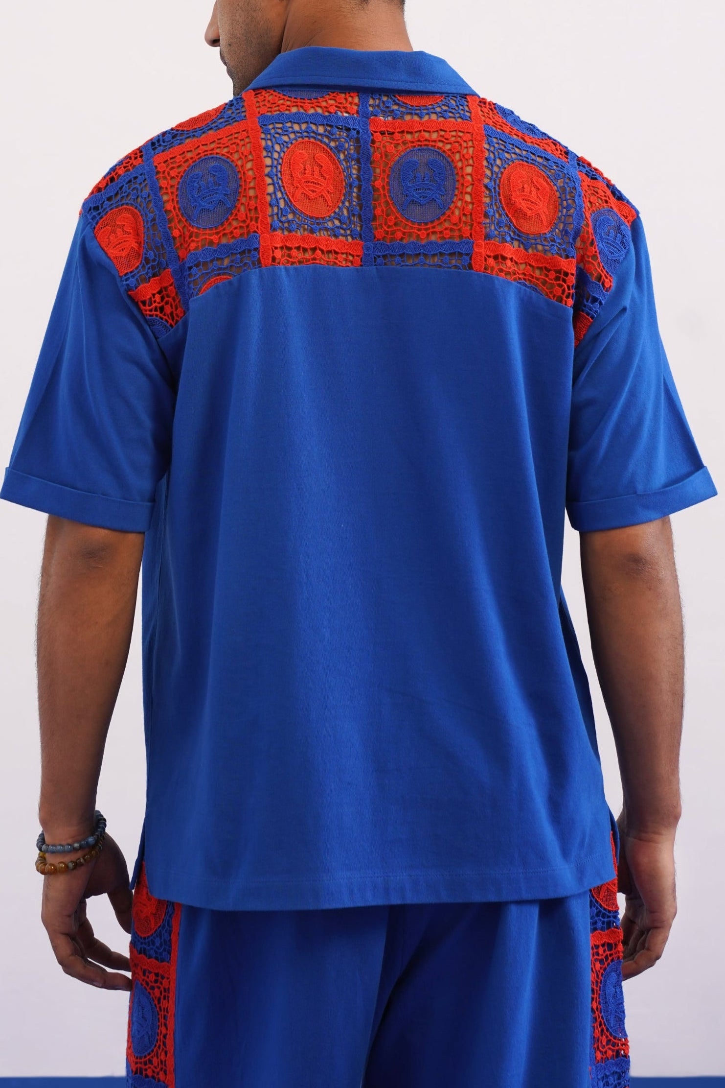 KRAB CREST GUIPURE COTTON KNIT T-SHIRT - COBALT EMBER