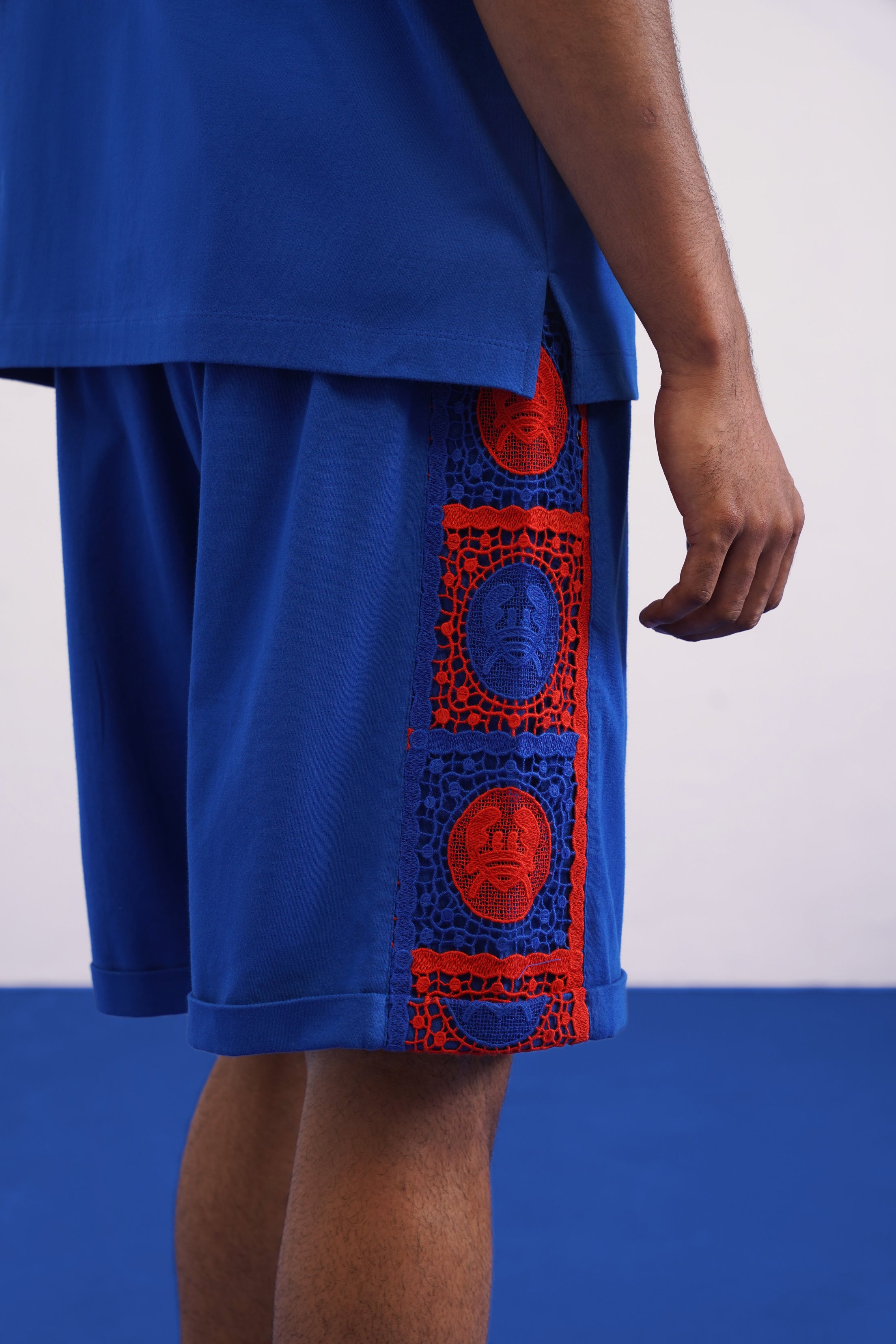 KRAB CREST GUIPURE COTTON KNIT SHORTS - COBALT EMBER