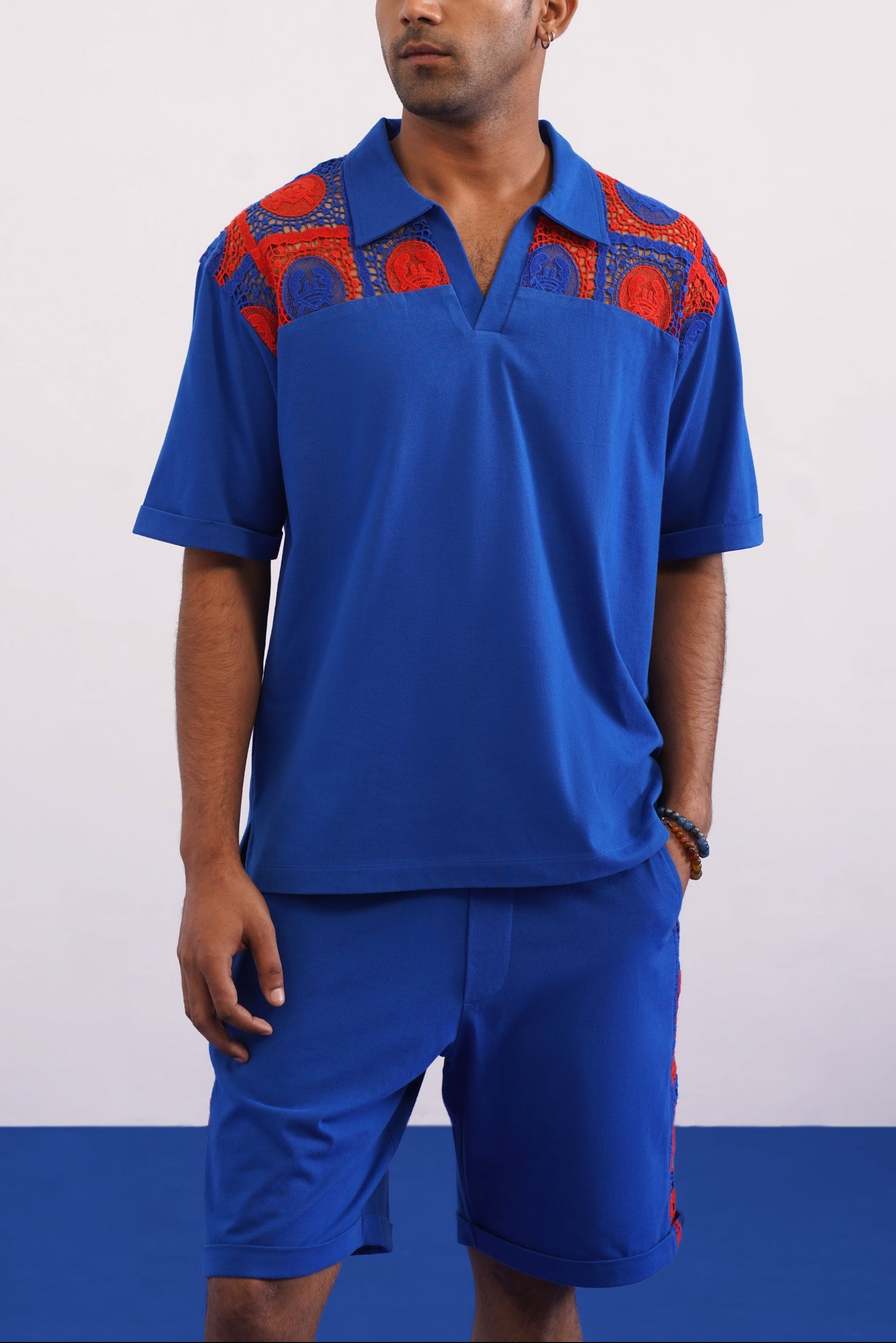 KRAB CREST GUIPURE COTTON KNIT T-SHIRT - COBALT EMBER