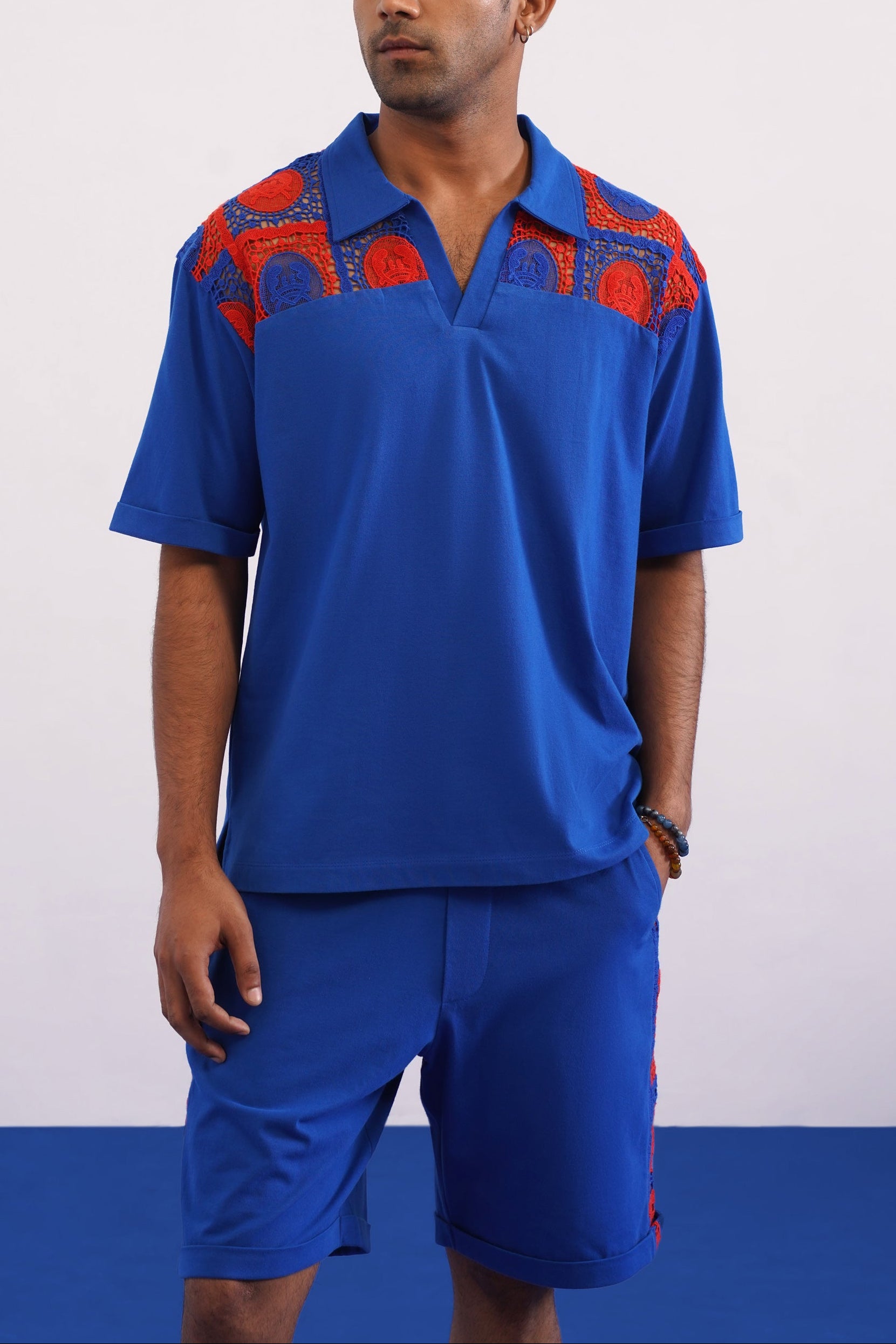 KRAB CREST GUIPURE COTTON KNIT CO-ORD SET - COBALT EMBER