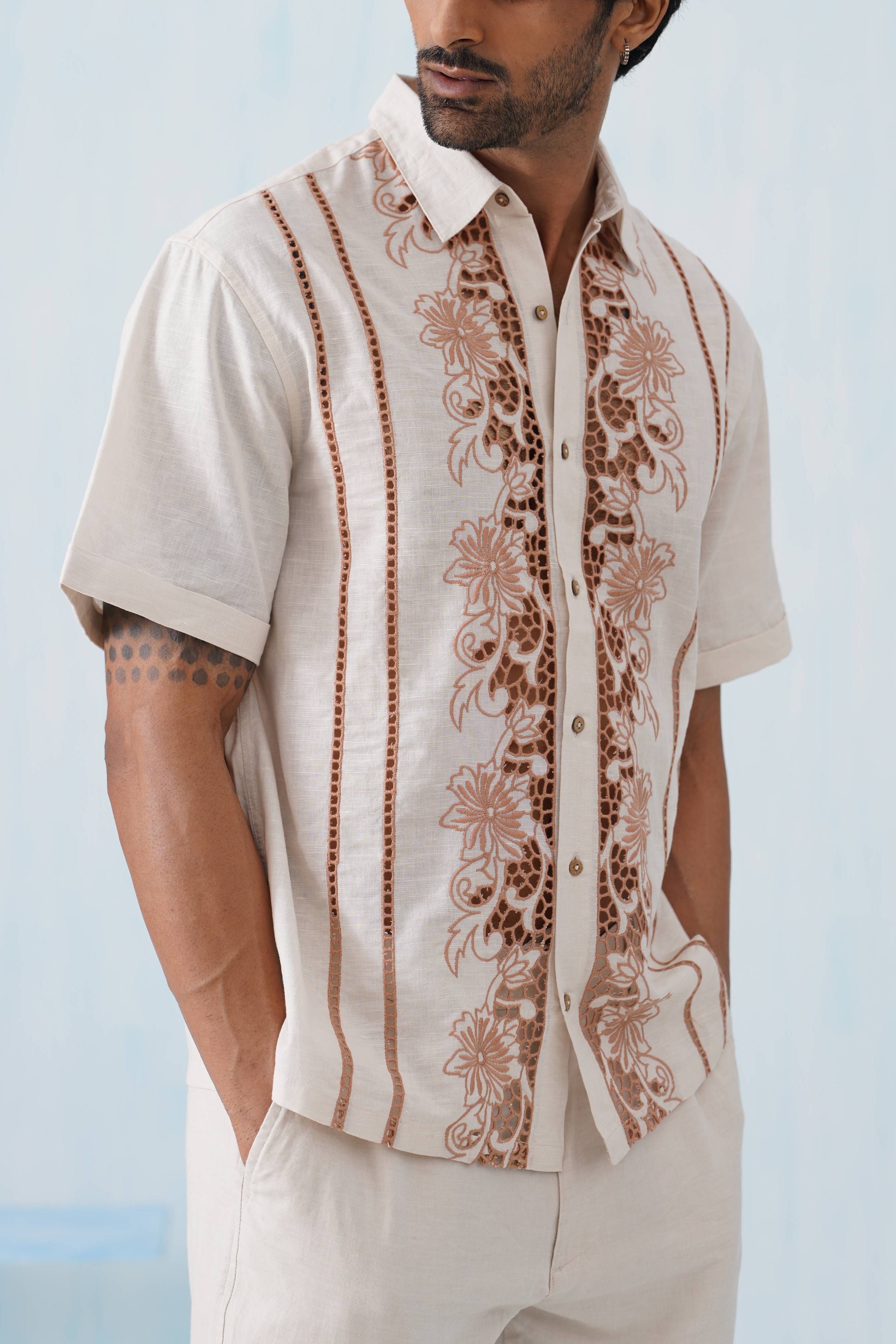 Twin Vines Cotton Linen Shirt (Beige Cream)