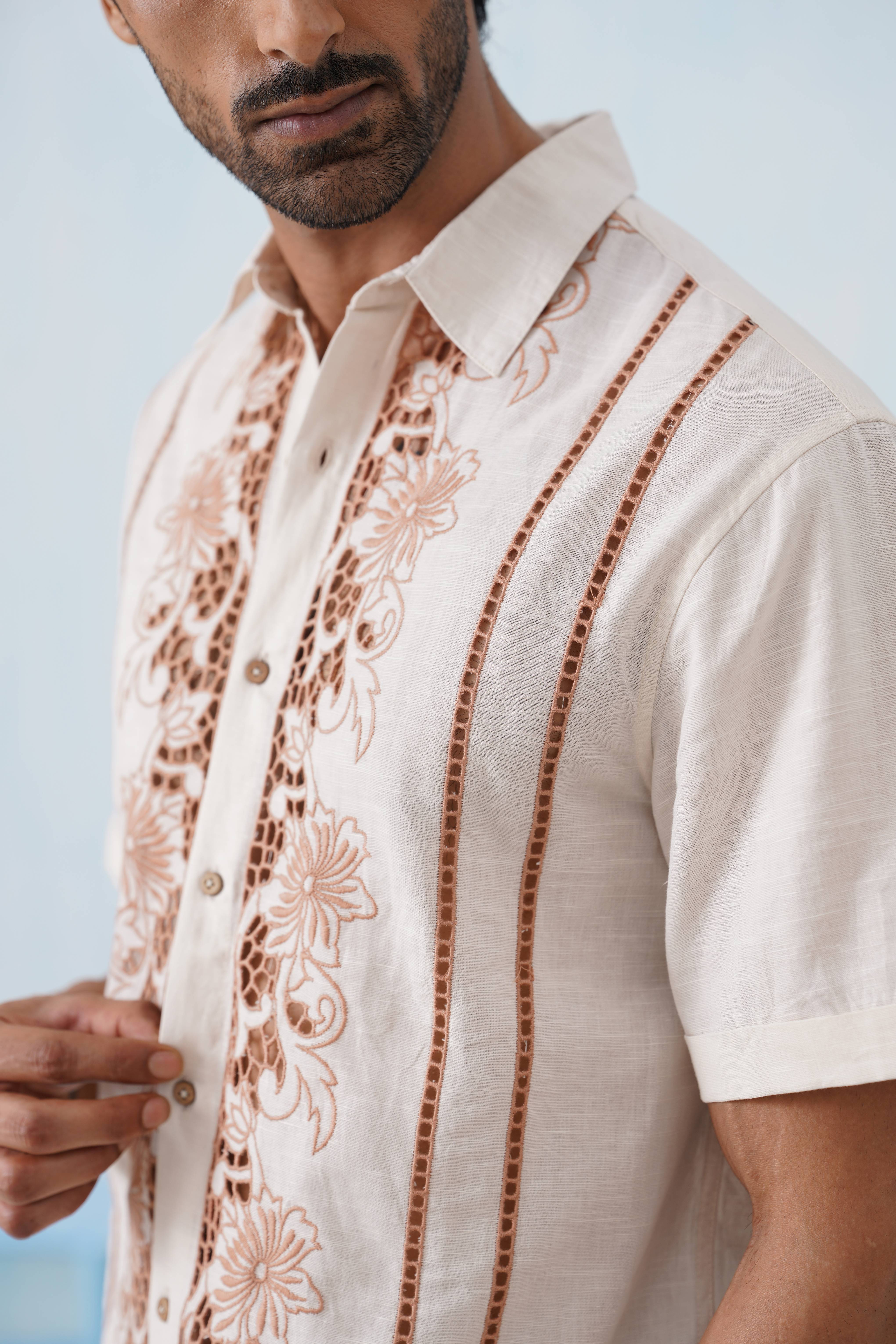 Twin Vines Cotton Linen Shirt (Beige Cream)