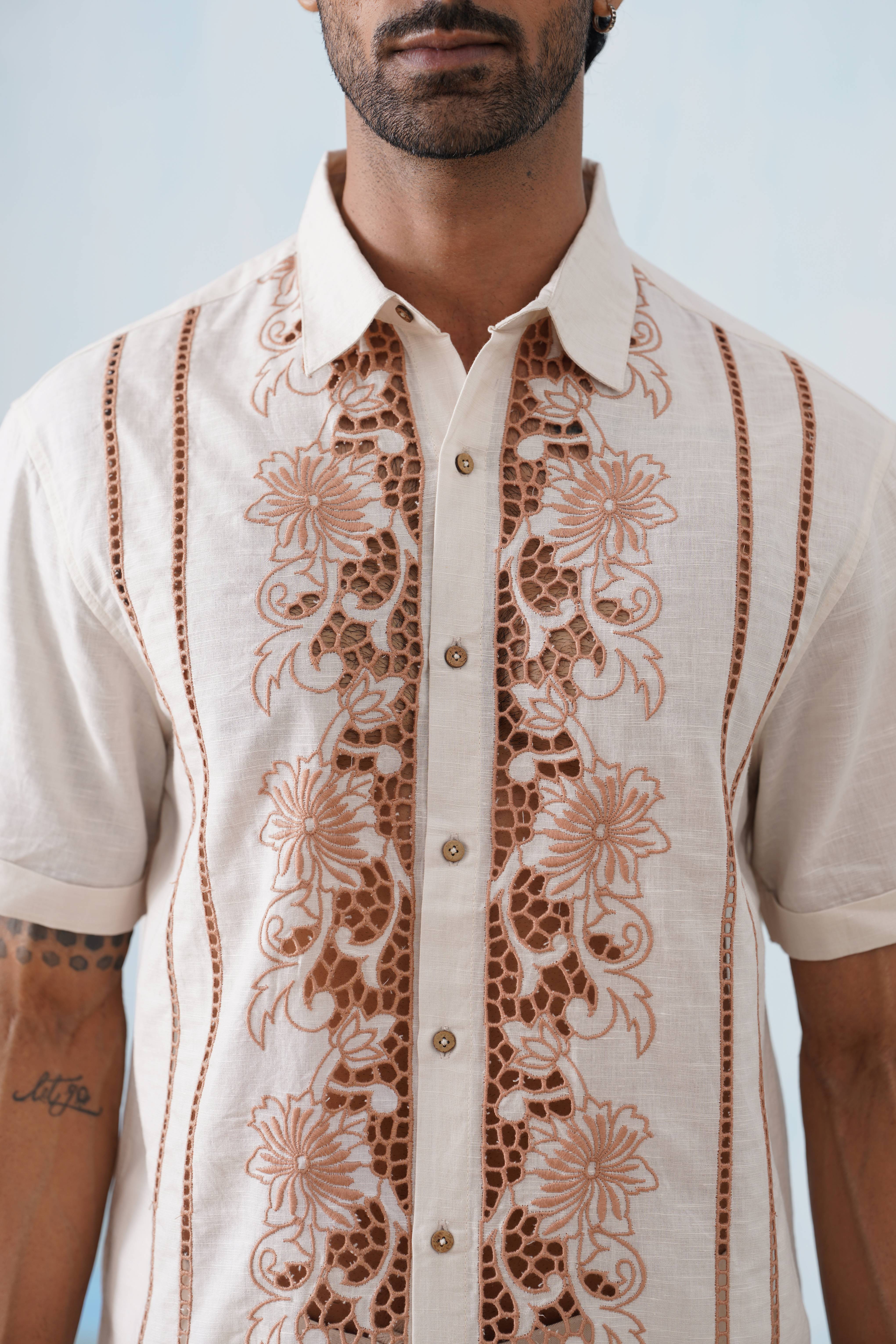 Twin Vines Cotton Linen Shirt (Beige Cream)