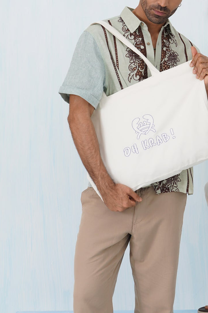 High & Tide Tote (Unisex) - White Embroidery with Blue Outline