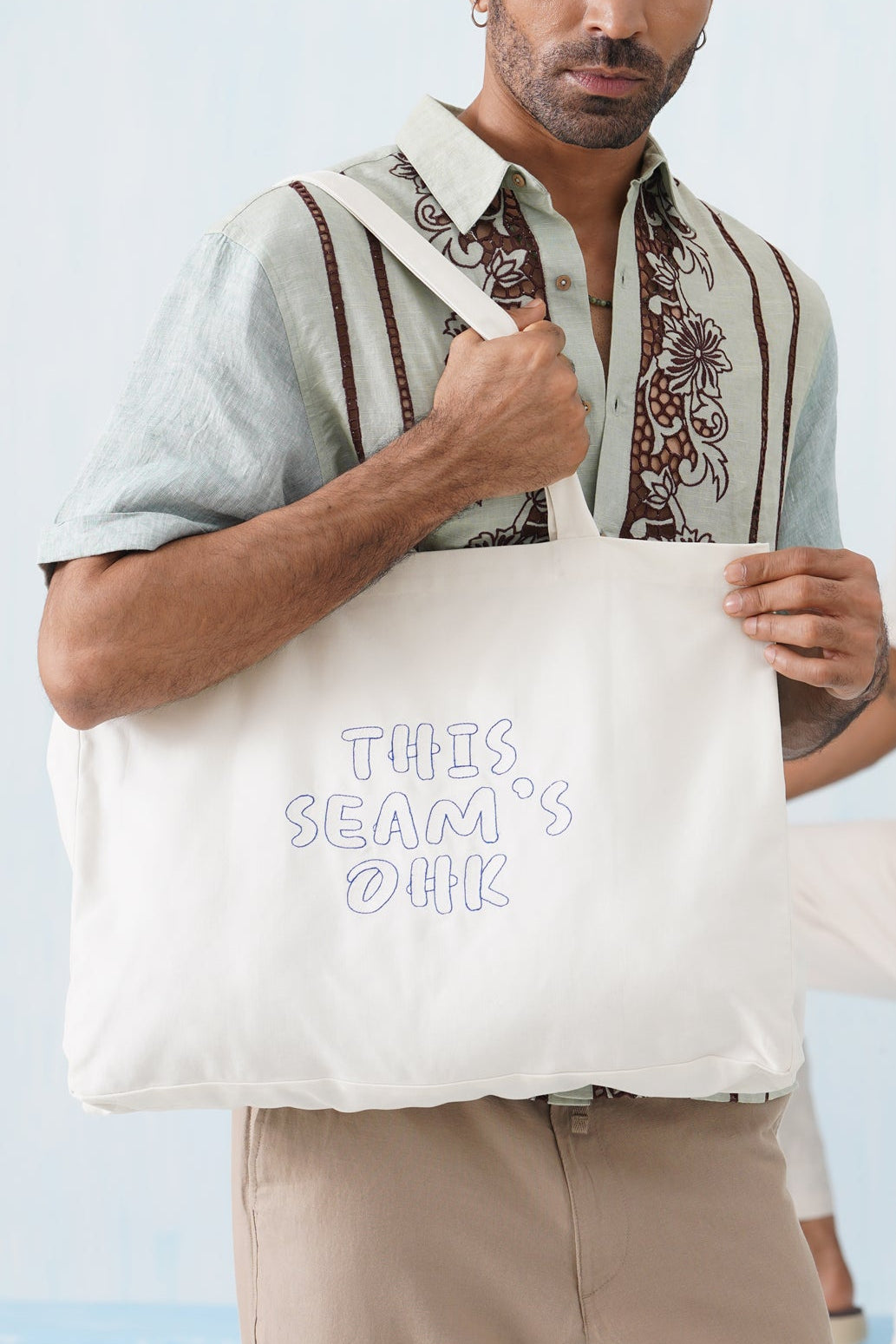 High & Tide Tote (Unisex) - White Embroidery with Blue Outline
