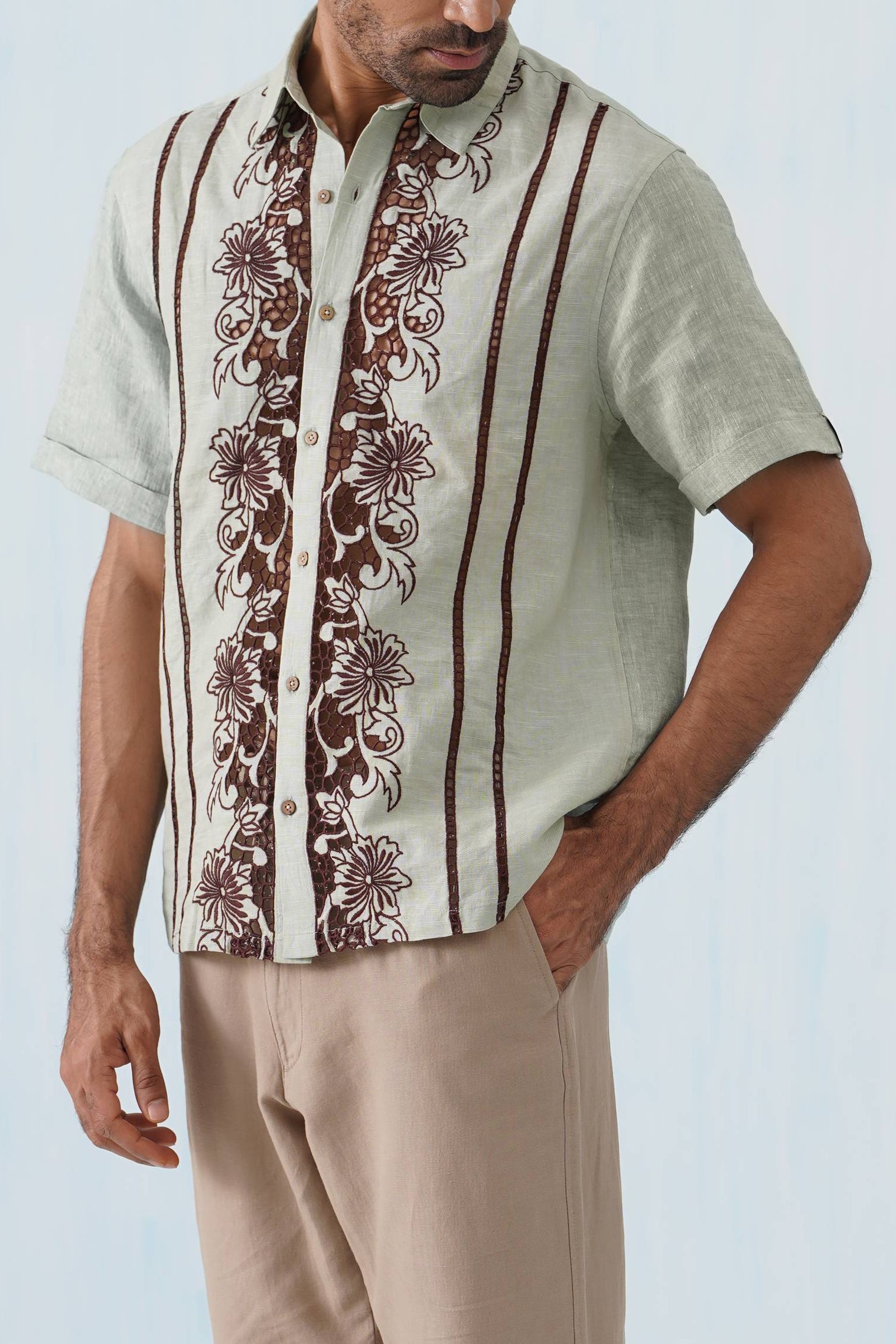 Twin Vines Cotton Linen Shirt (Beige Cream)