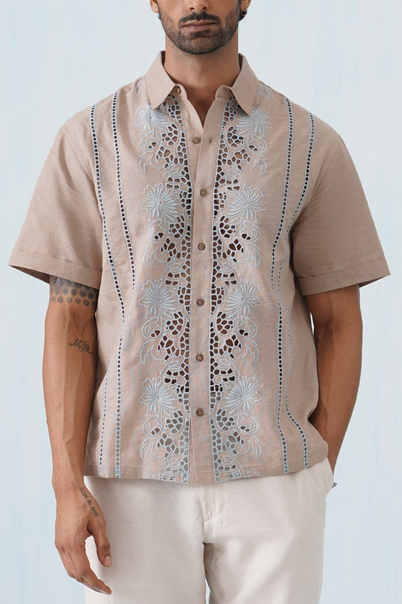 Twin Vines Cotton Linen Shirt (Beige Cream)