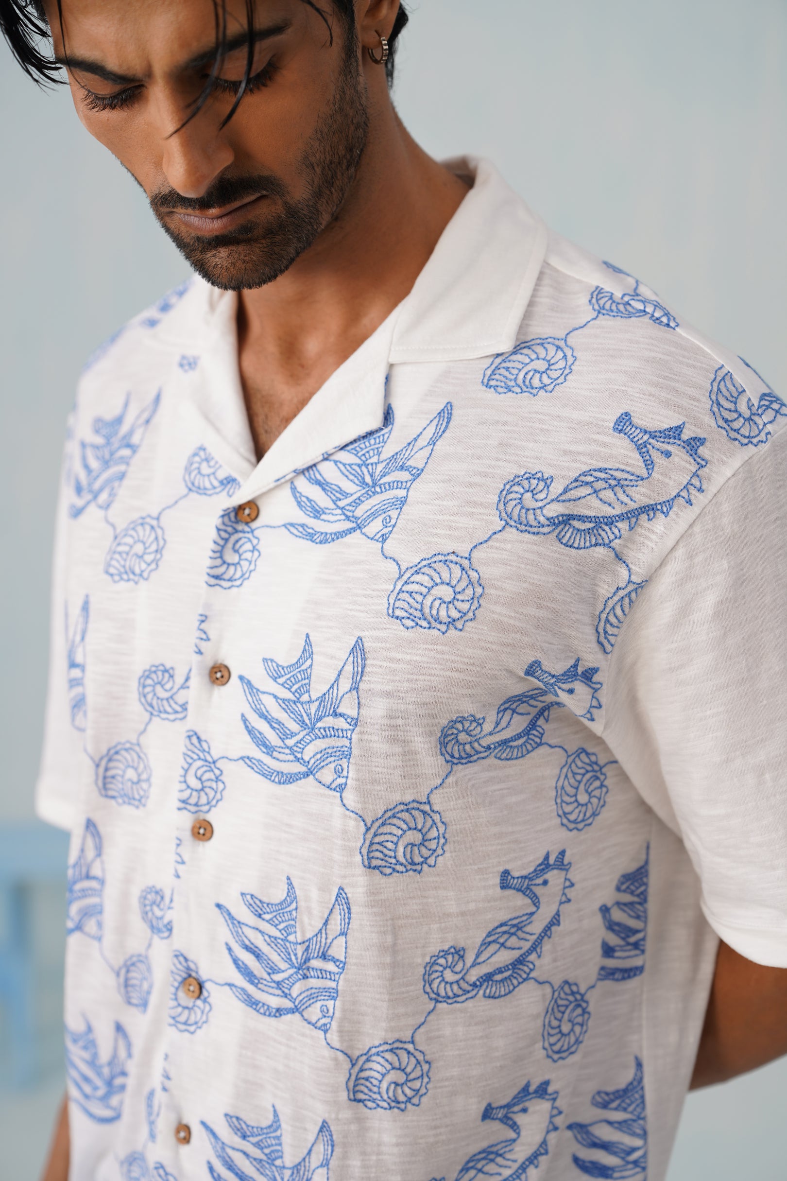 Tidal Tales Cotton Slub Knit Shirt (Ocean Blue)
