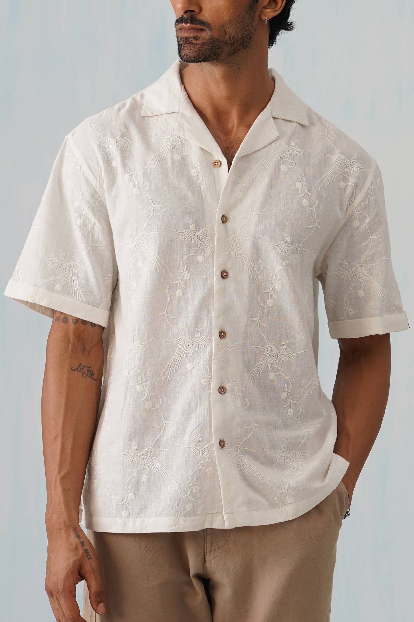 Plume & Bloom Cotton Linen Shirt (Navy Blue With Ivory Embroidery)