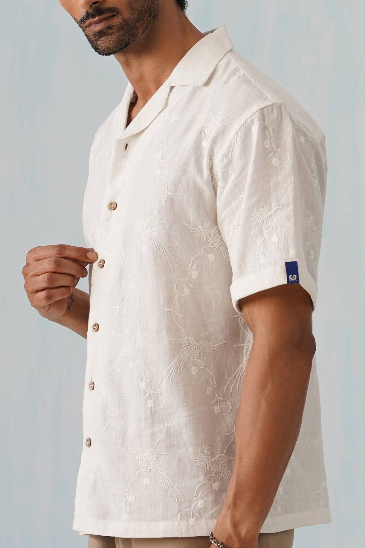 Plume & Bloom Cotton Linen Shirt (Navy Blue With Ivory Embroidery)