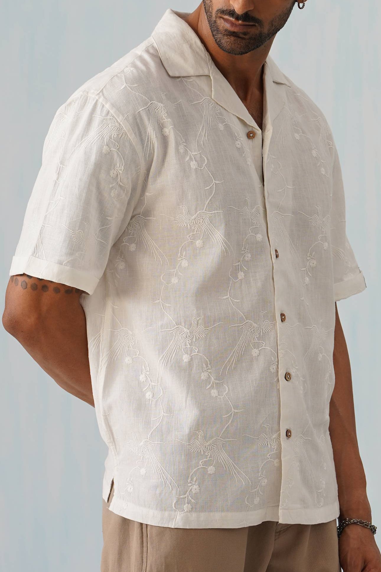 Plume & Bloom Cotton Linen Shirt (Navy Blue With Ivory Embroidery)
