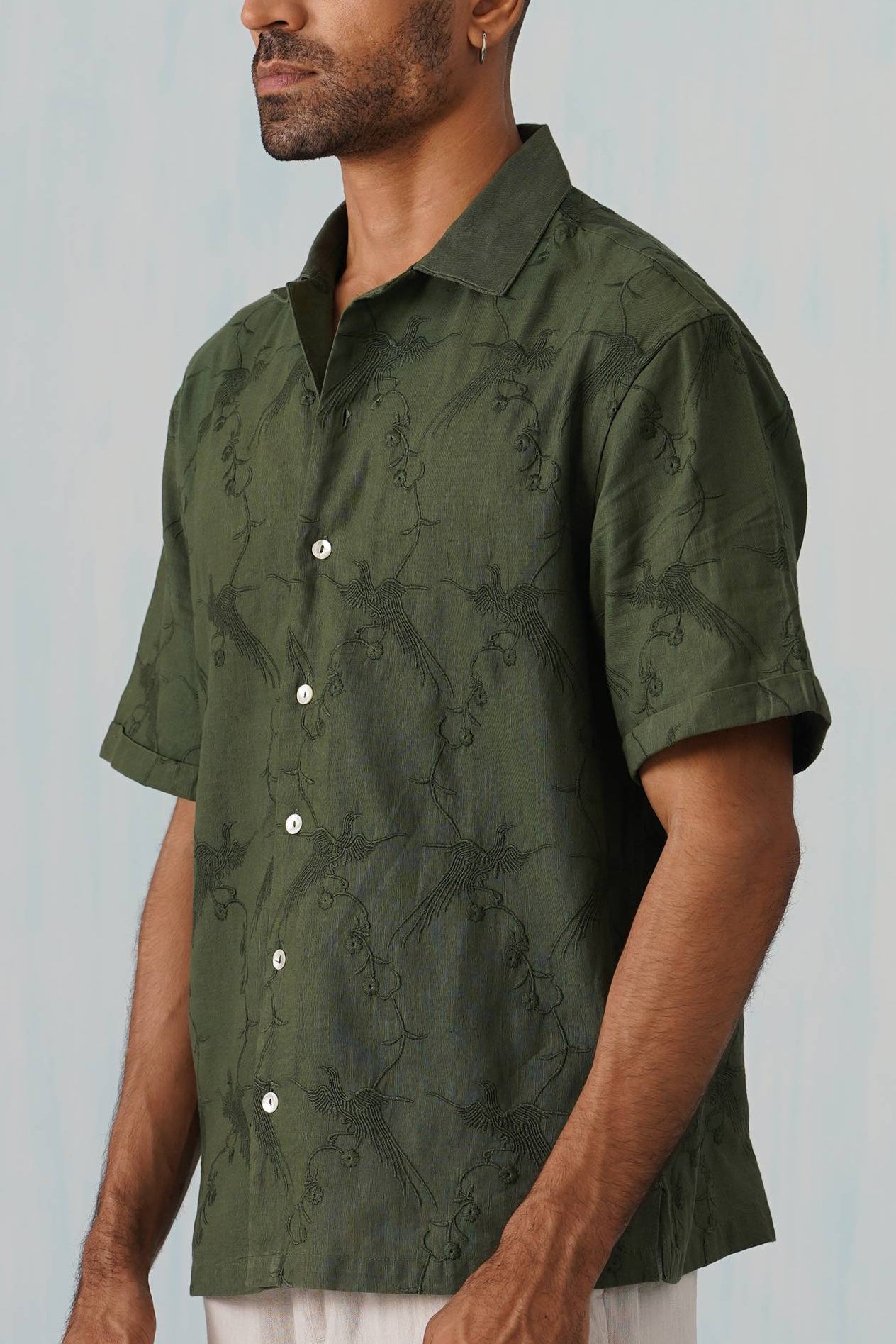 Plume & Bloom Cotton Linen Shirt (Navy Blue With Ivory Embroidery)