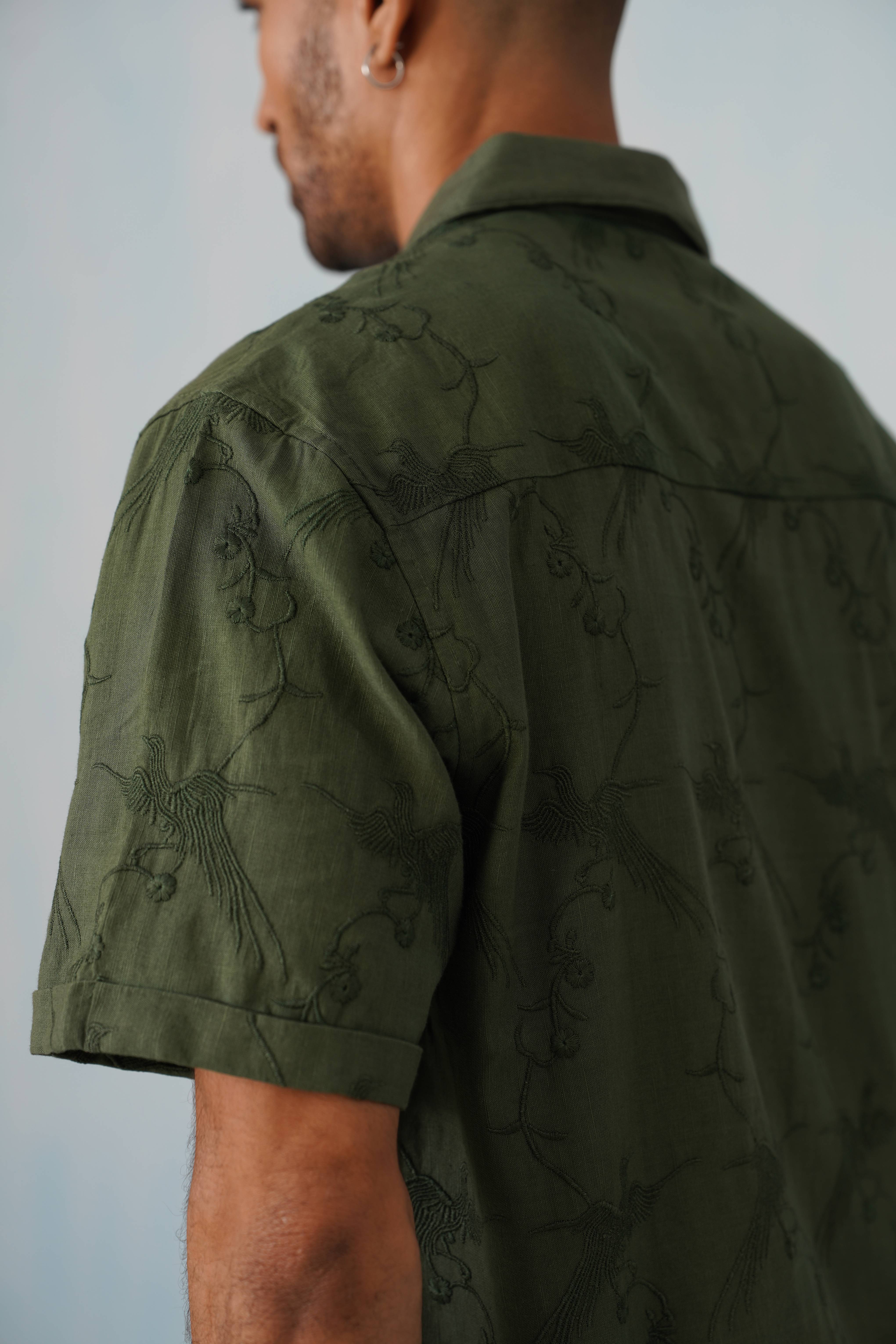Plume & Bloom Cotton Linen Shirt (Navy Blue With Ivory Embroidery)