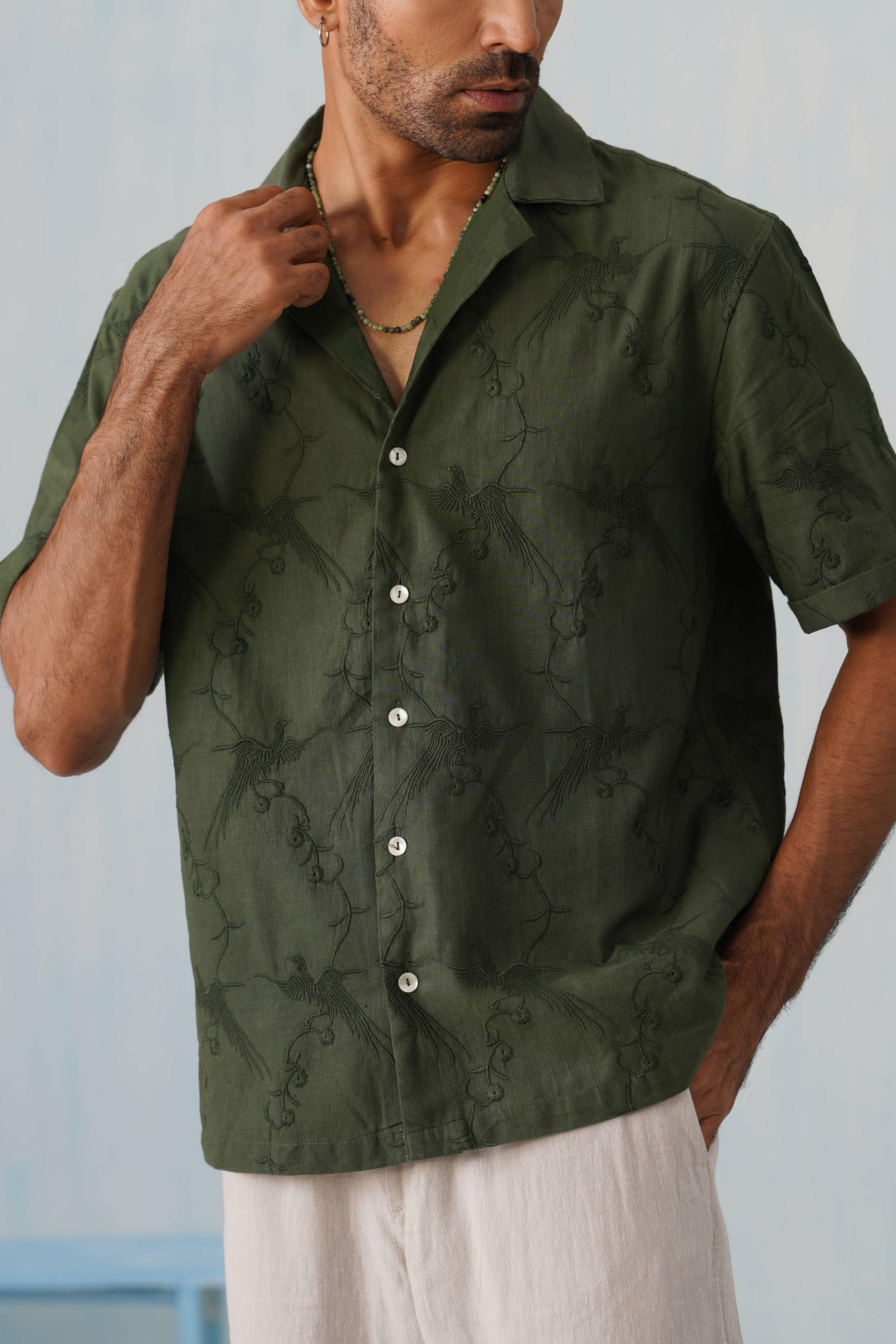 Plume & Bloom Cotton Linen Shirt (Navy Blue With Ivory Embroidery)