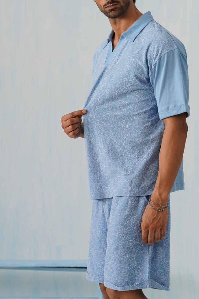 Shady Blooms Cotton Knit Co-ord Set (Sky Blue)