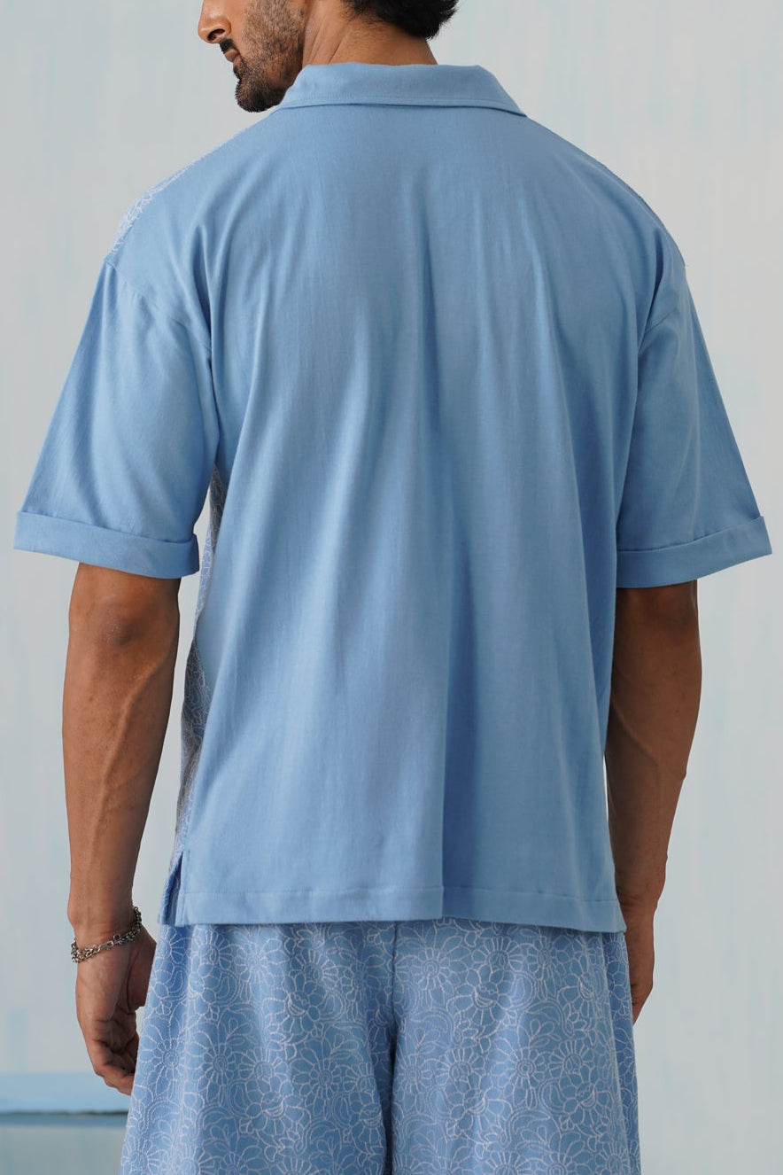 Shady Blooms Cotton Knit T-Shirt (Sky Blue)