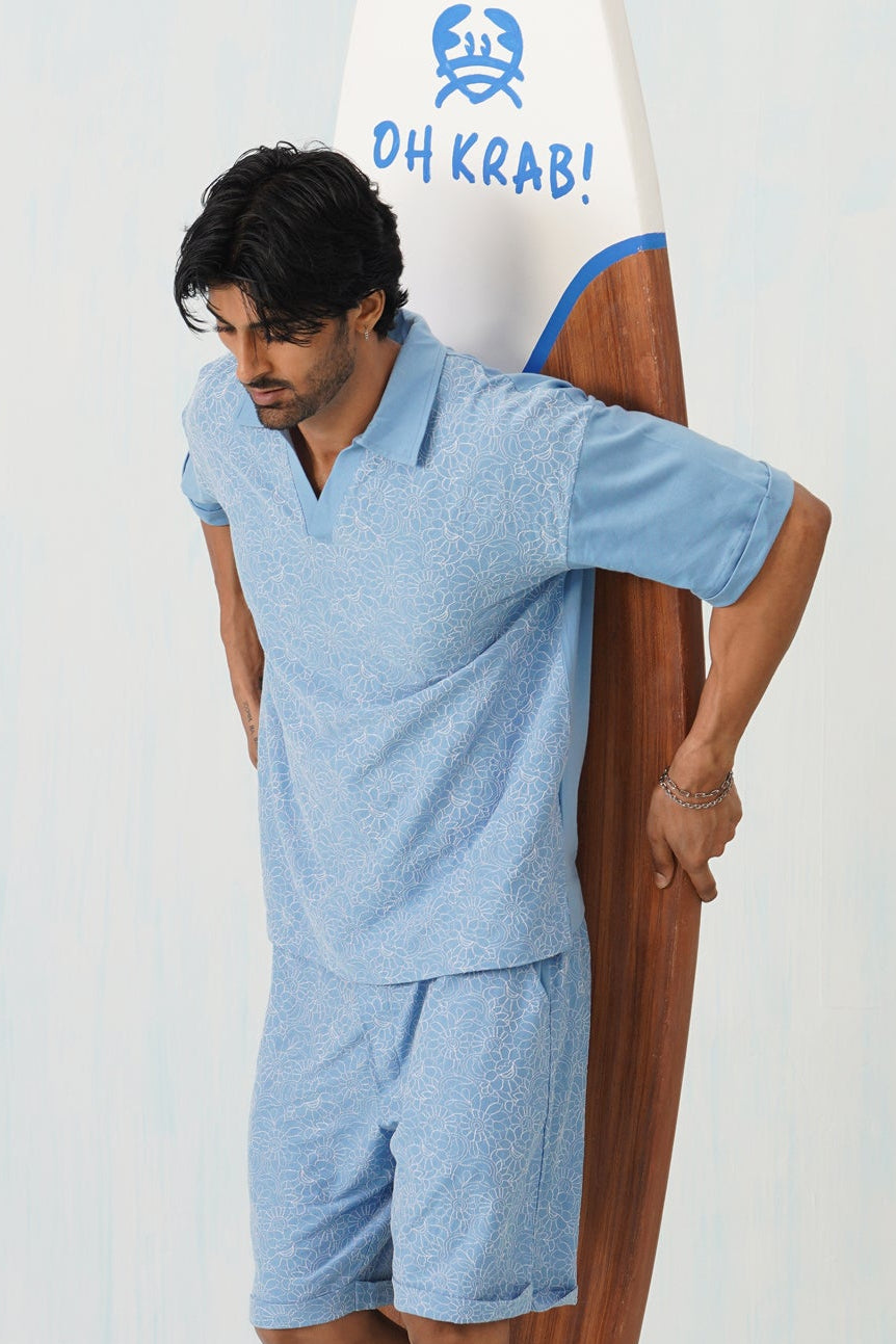 Shady Blooms Cotton Knit Co-ord Set (Sky Blue)