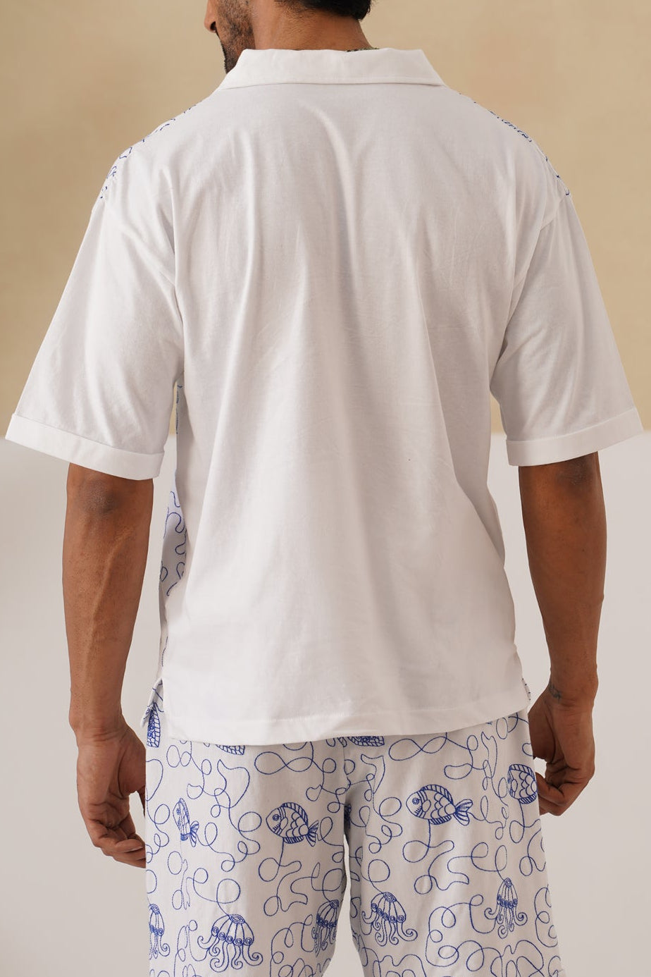 Reef Rider Cotton Knit T-Shirt (White with Blue Embroidery)