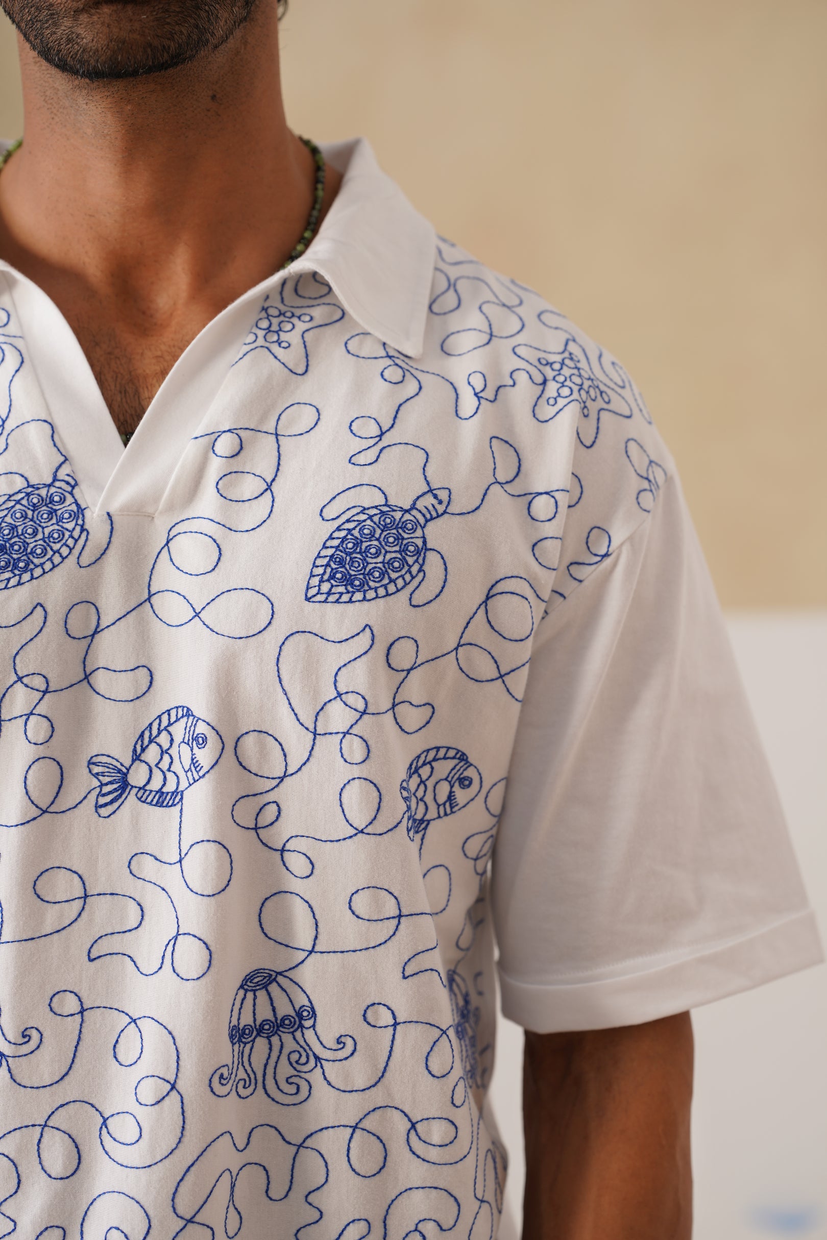 Reef Rider Cotton Knit T-Shirt (White with Blue Embroidery)