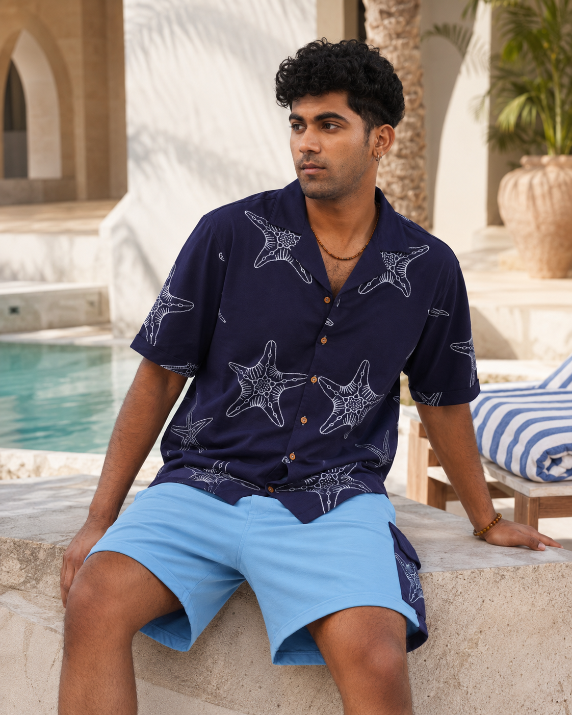MARINER STAR COTTON KNIT SHORTS - DARK INDIGO/SKY BLUE