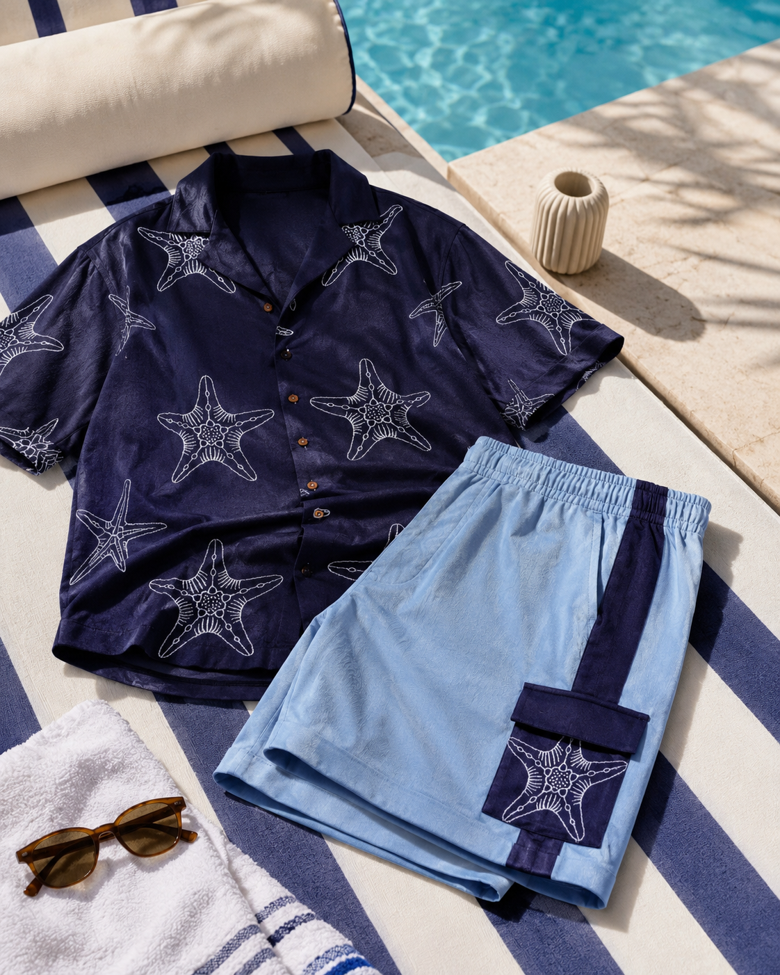 MARINER STAR COTTON KNIT CO-ORD SET - DARK INDIGO/SKY BLUE