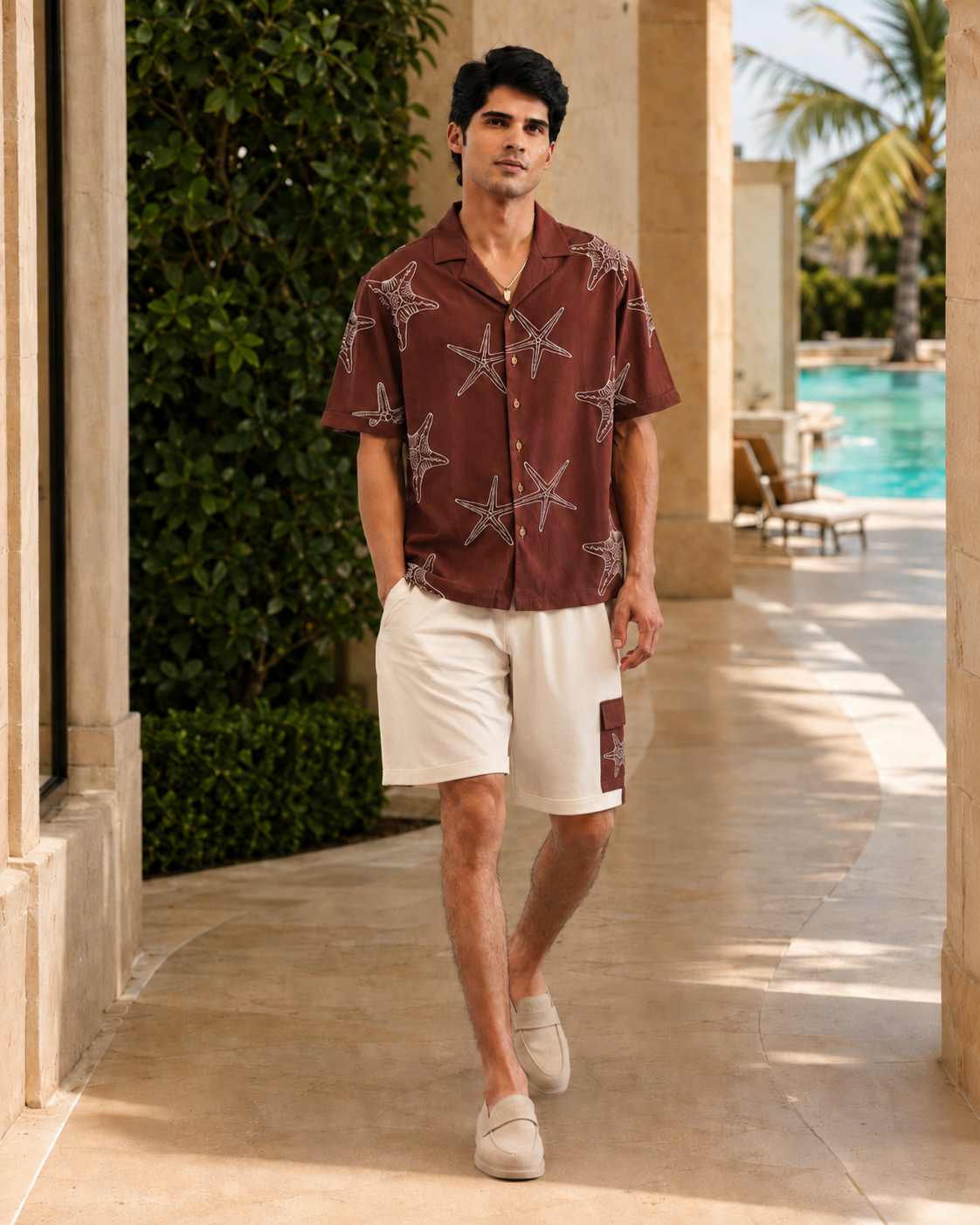 MARINER STAR COTTON KNIT SHORTS - ESPRESSO BEAN/CREAMY CLOUD