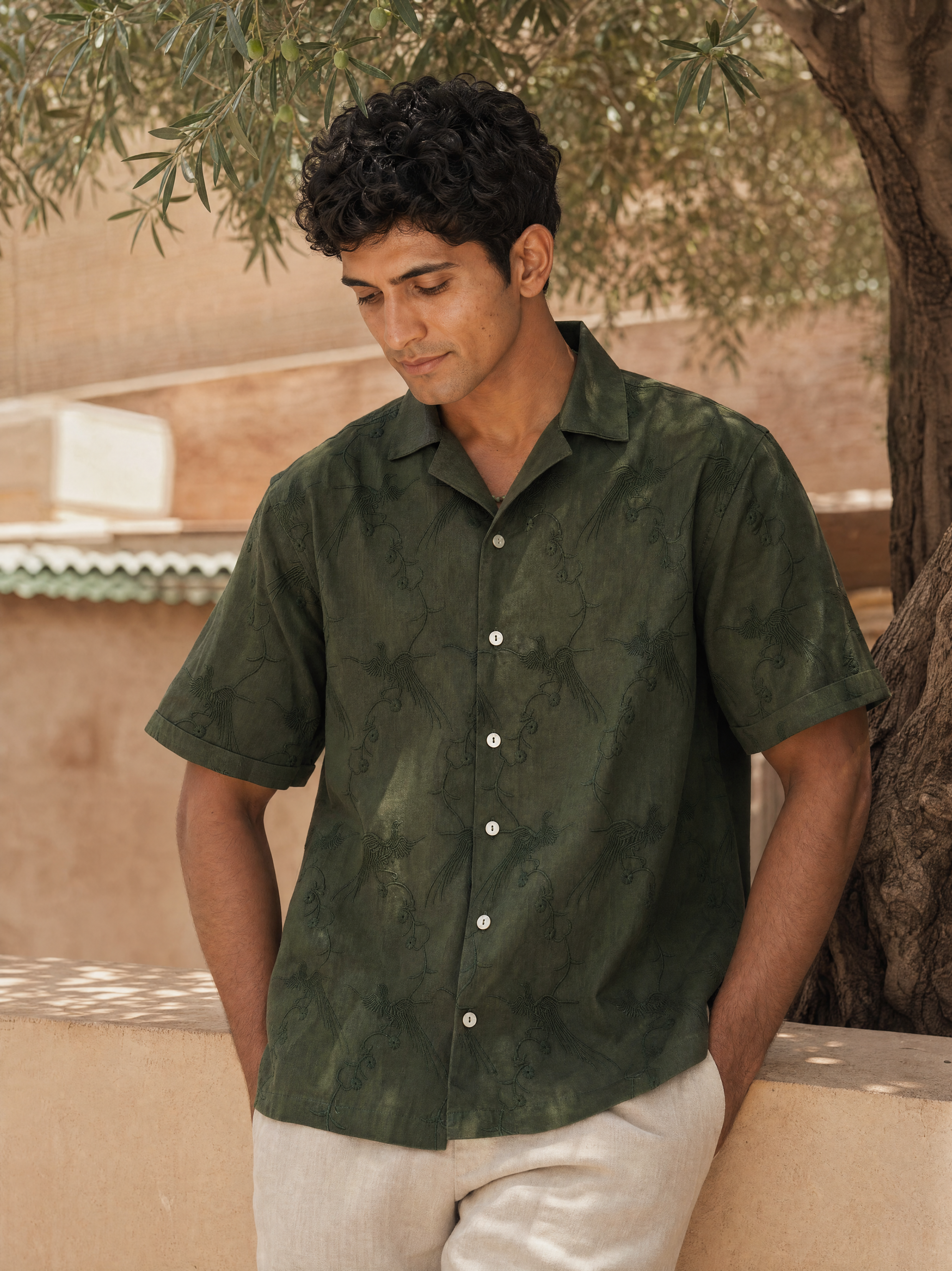 Plume & Bloom Cotton Linen Shirt (Forest Green)
