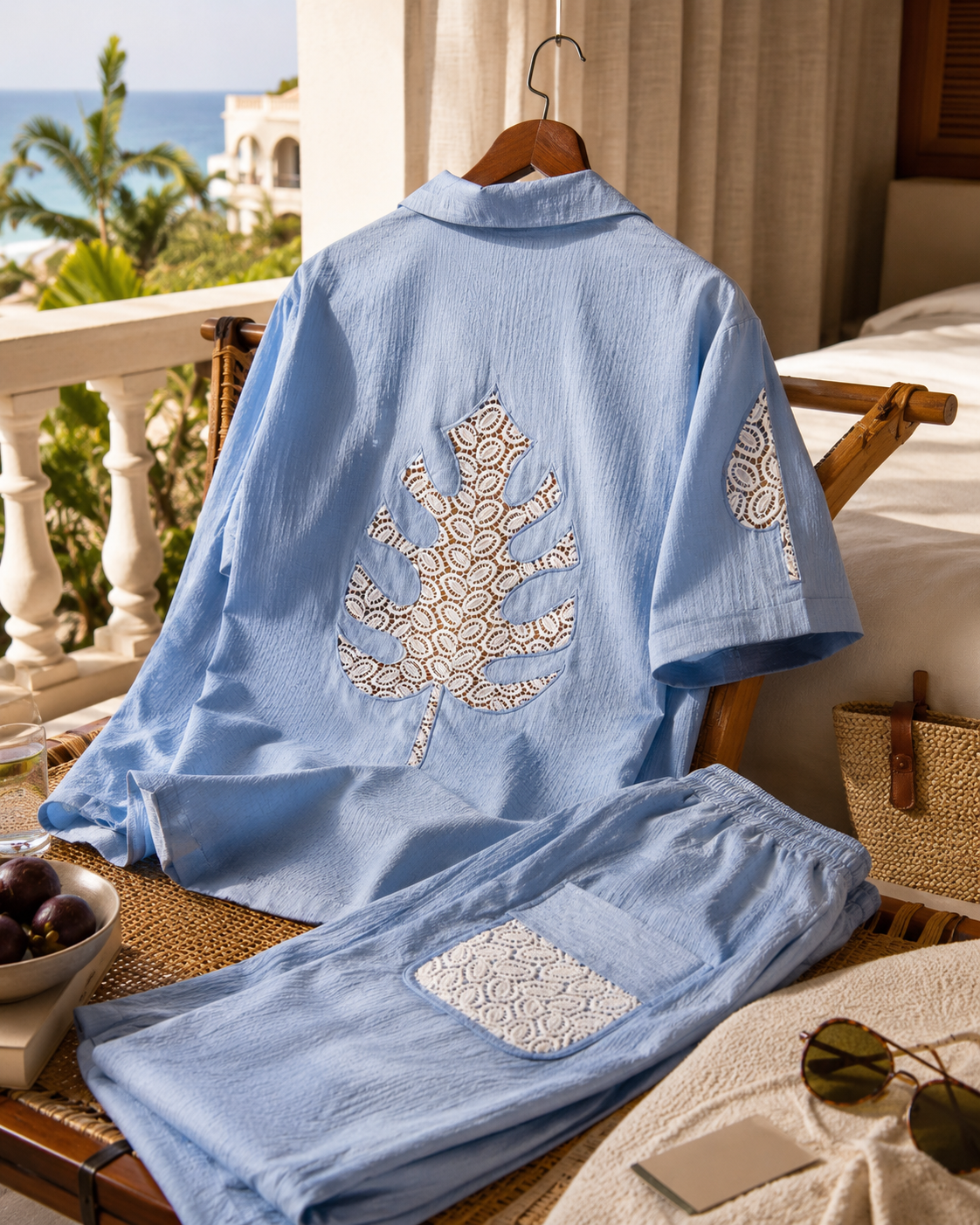LAGOON LEAF SEERSUCKER PJ CO-ORD SET - CLOUD BLUE