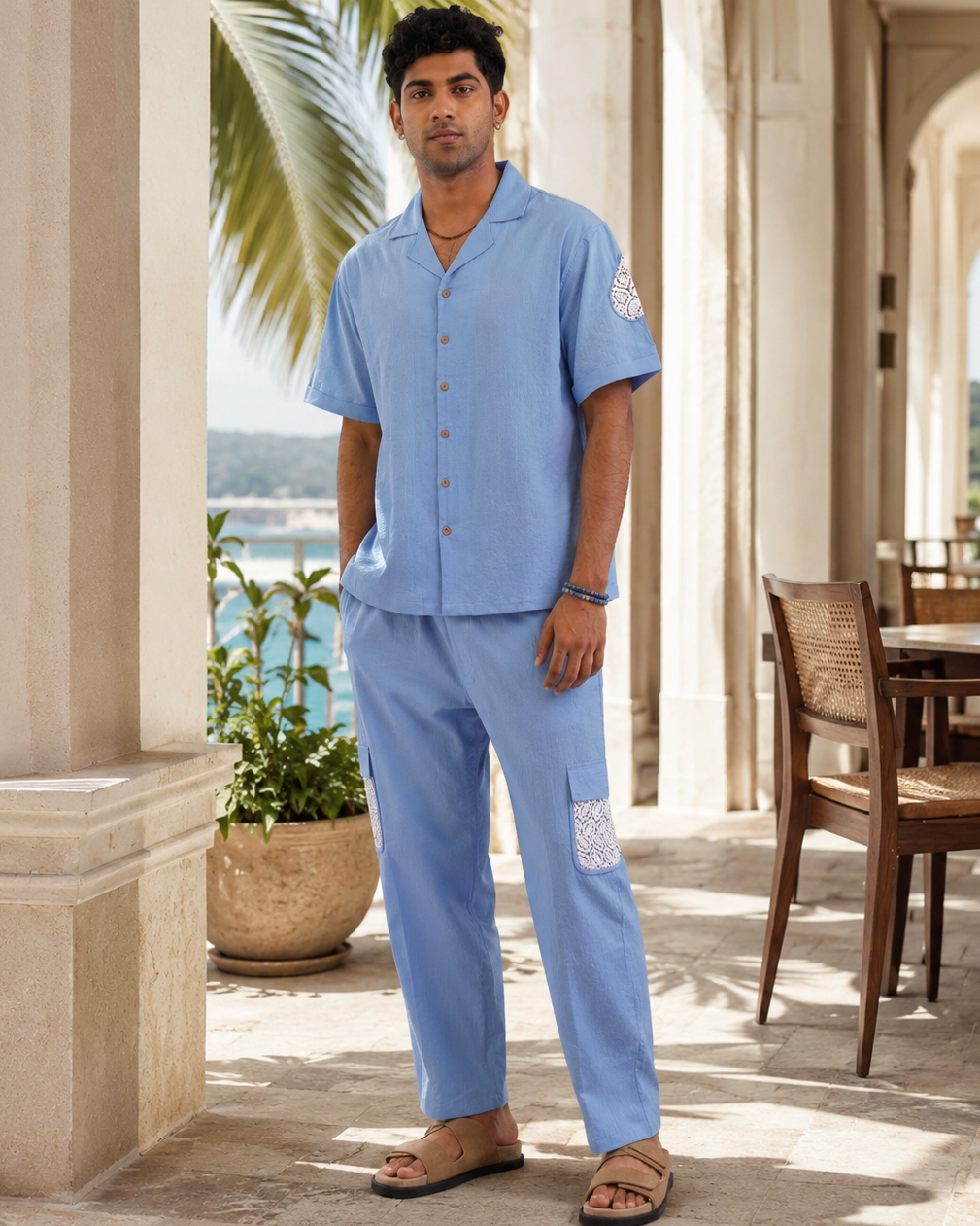 LAGOON LEAF SEERSUCKER PJ PANTS - CLOUD BLUE