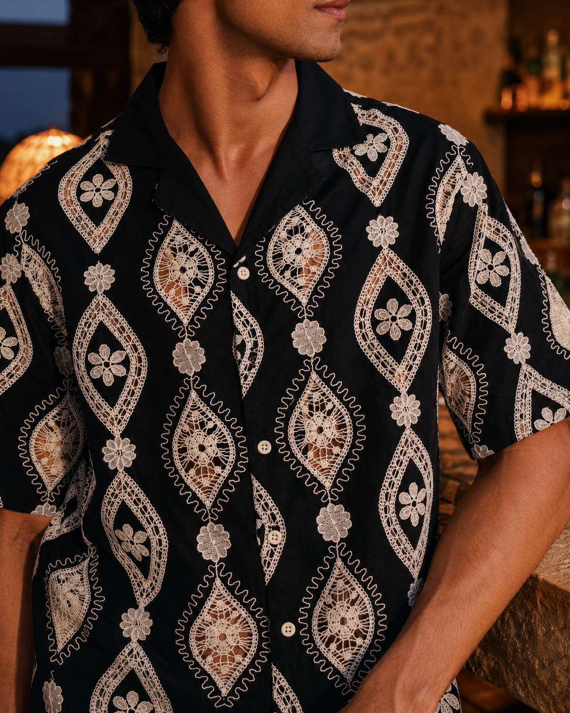 OASIS MEDALLION COTTON CUTWORK SHIRT - MIDNIGHT BLACK