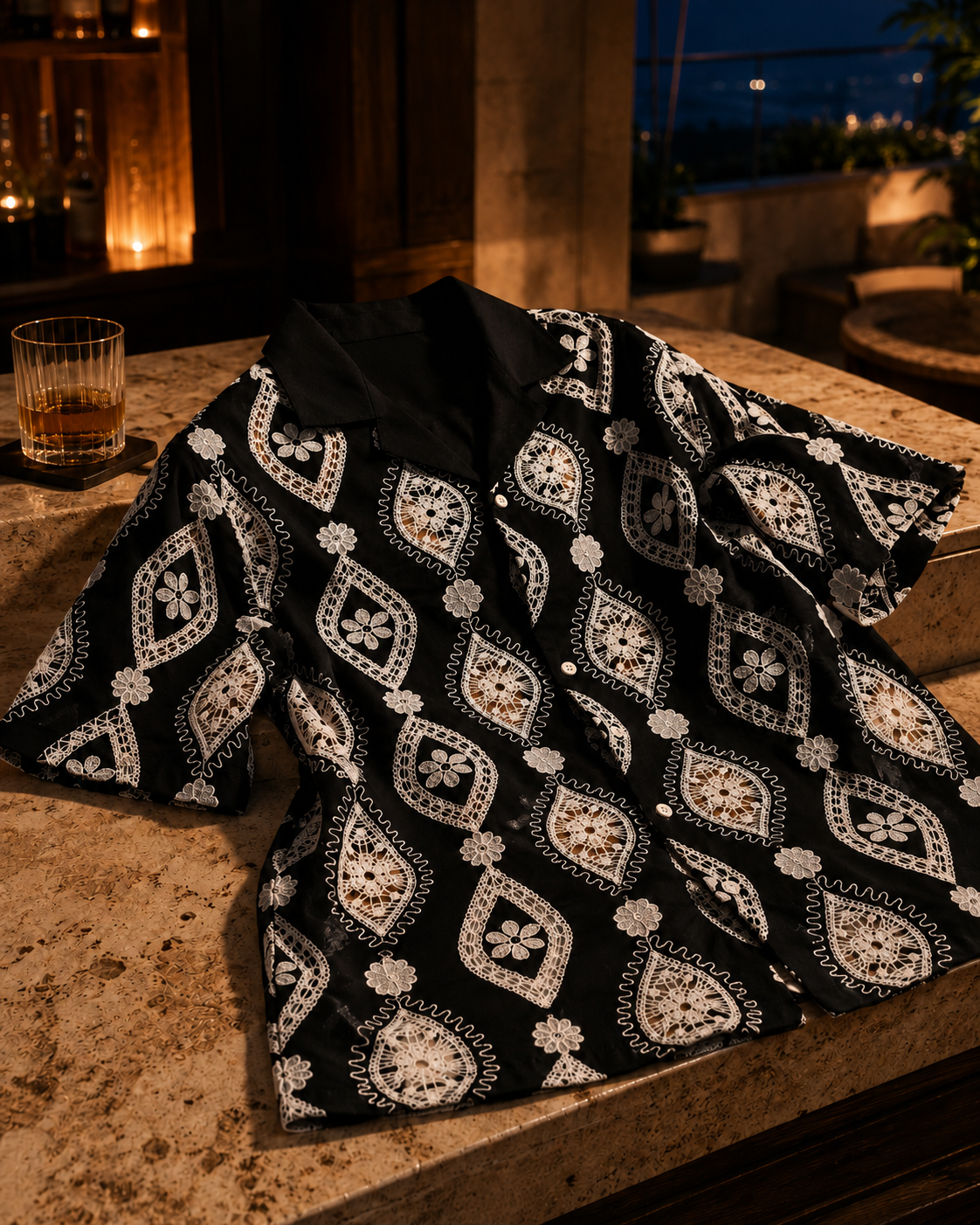 OASIS MEDALLION COTTON CUTWORK SHIRT - MIDNIGHT BLACK
